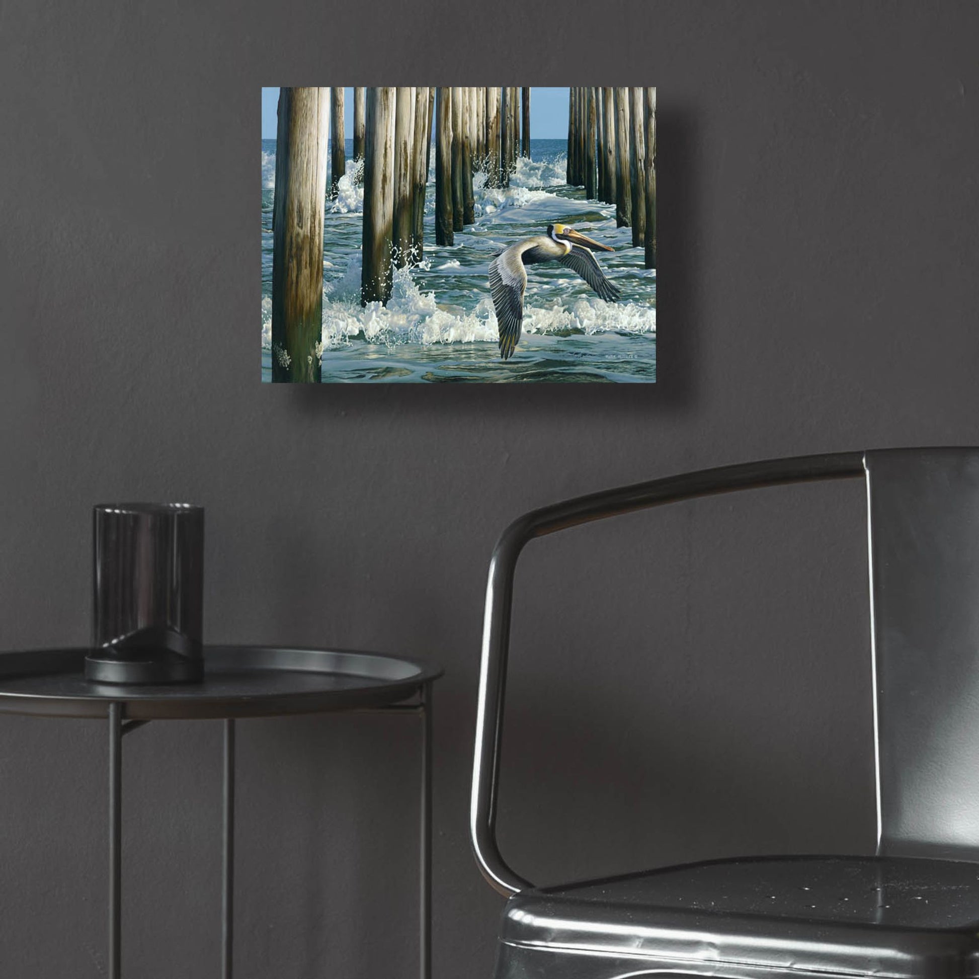 Epic Art 'Fishing Pier - Pelican' by Mark Mueller Wildlife Art, Acrylic Glass Wall Art,16x12