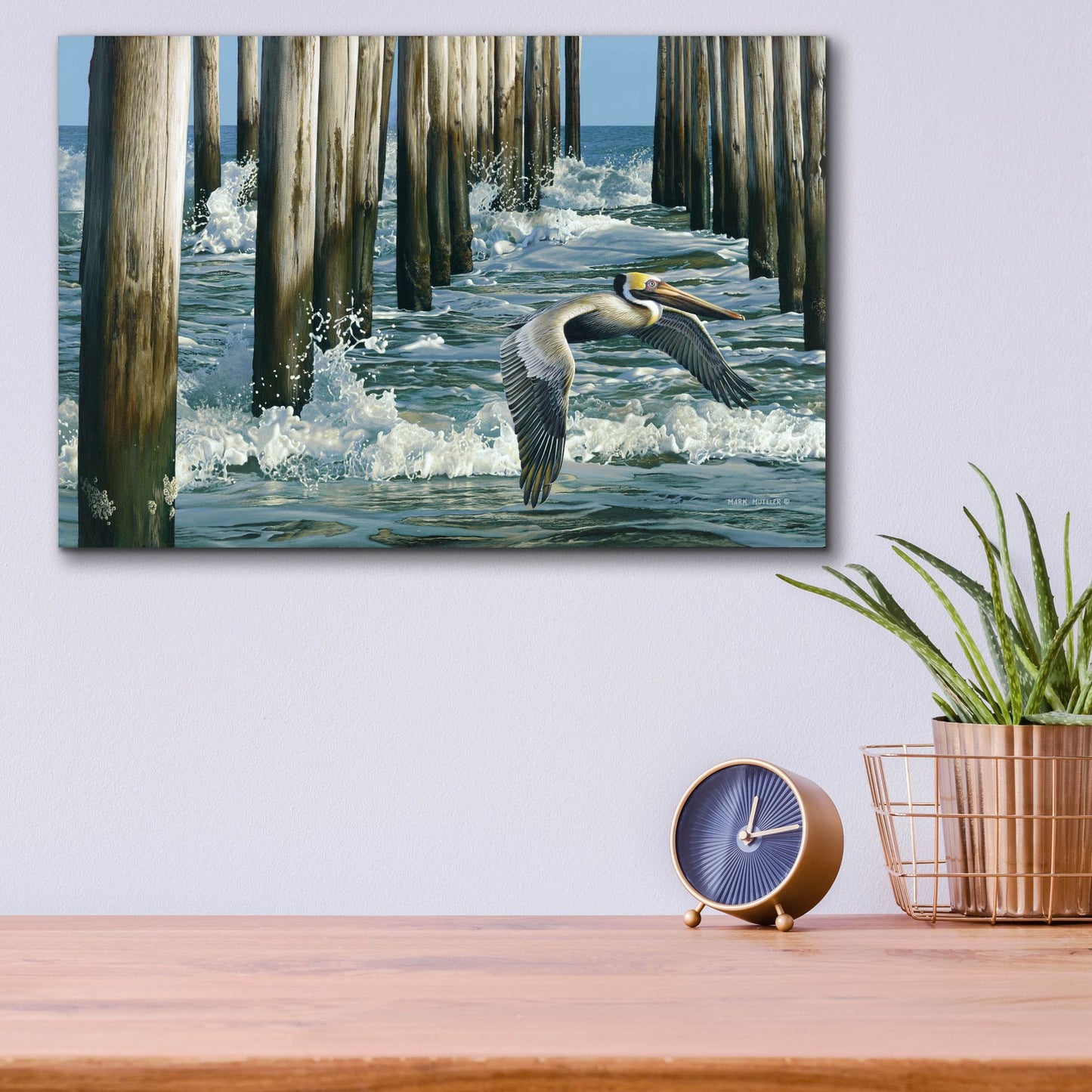 Epic Art 'Fishing Pier - Pelican' by Mark Mueller Wildlife Art, Acrylic Glass Wall Art,16x12