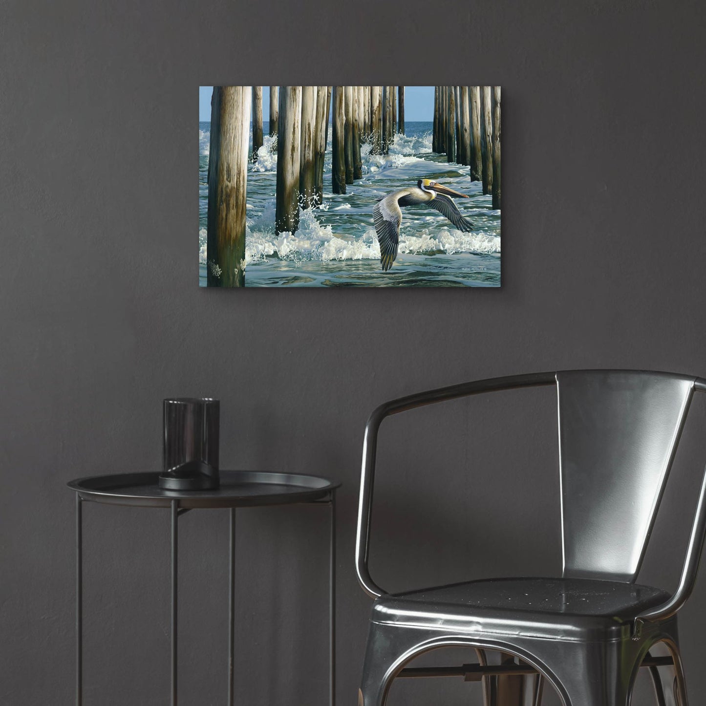 Epic Art 'Fishing Pier - Pelican' by Mark Mueller Wildlife Art, Acrylic Glass Wall Art,24x16