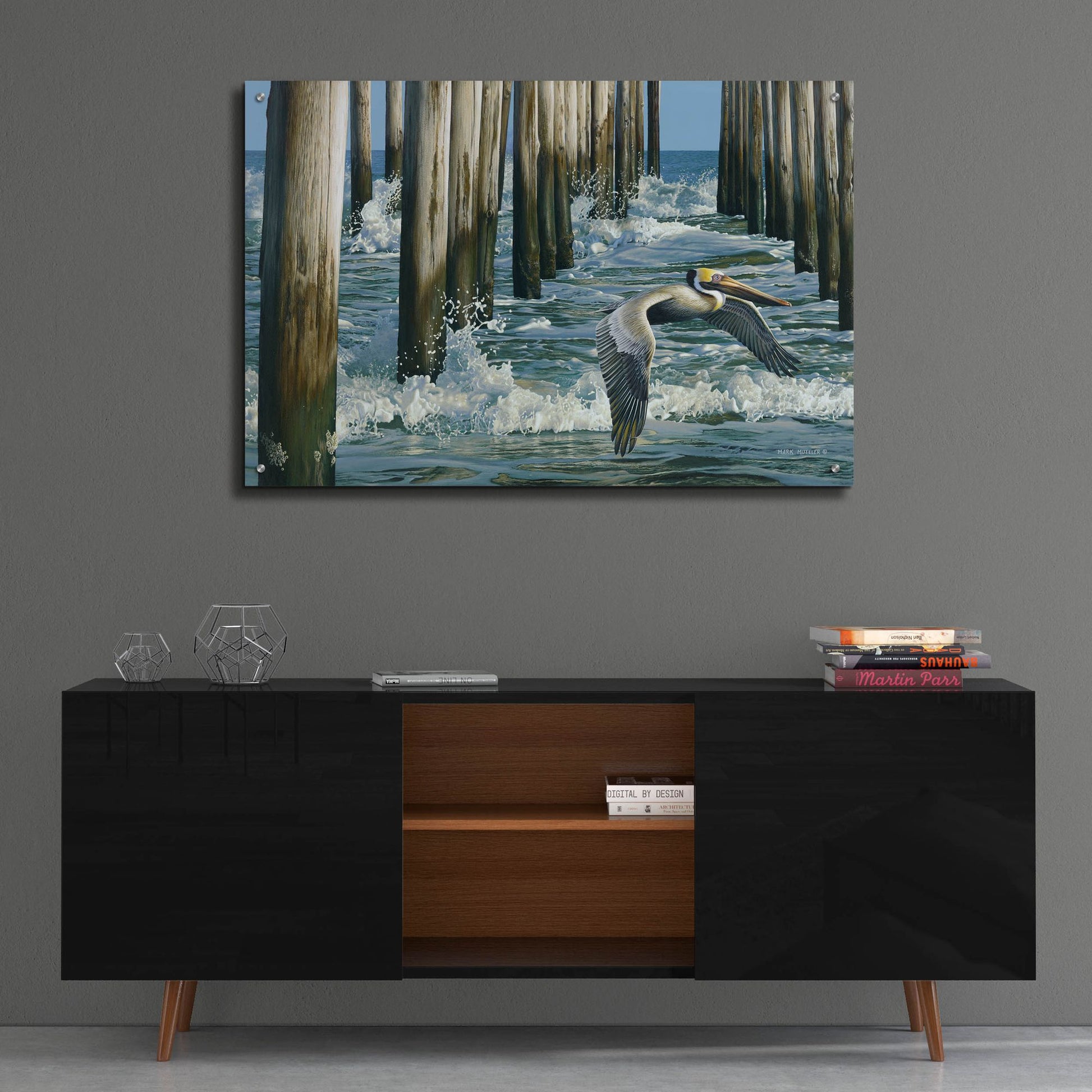 Epic Art 'Fishing Pier - Pelican' by Mark Mueller Wildlife Art, Acrylic Glass Wall Art,36x24