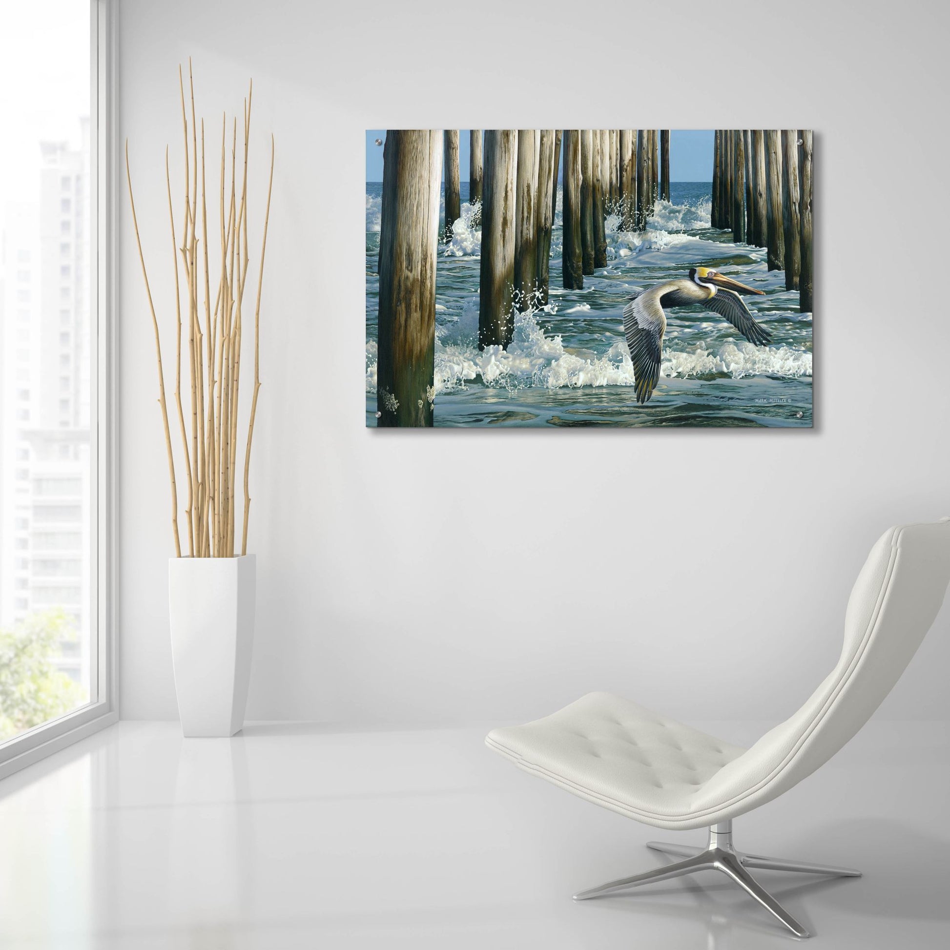 Epic Art 'Fishing Pier - Pelican' by Mark Mueller Wildlife Art, Acrylic Glass Wall Art,36x24