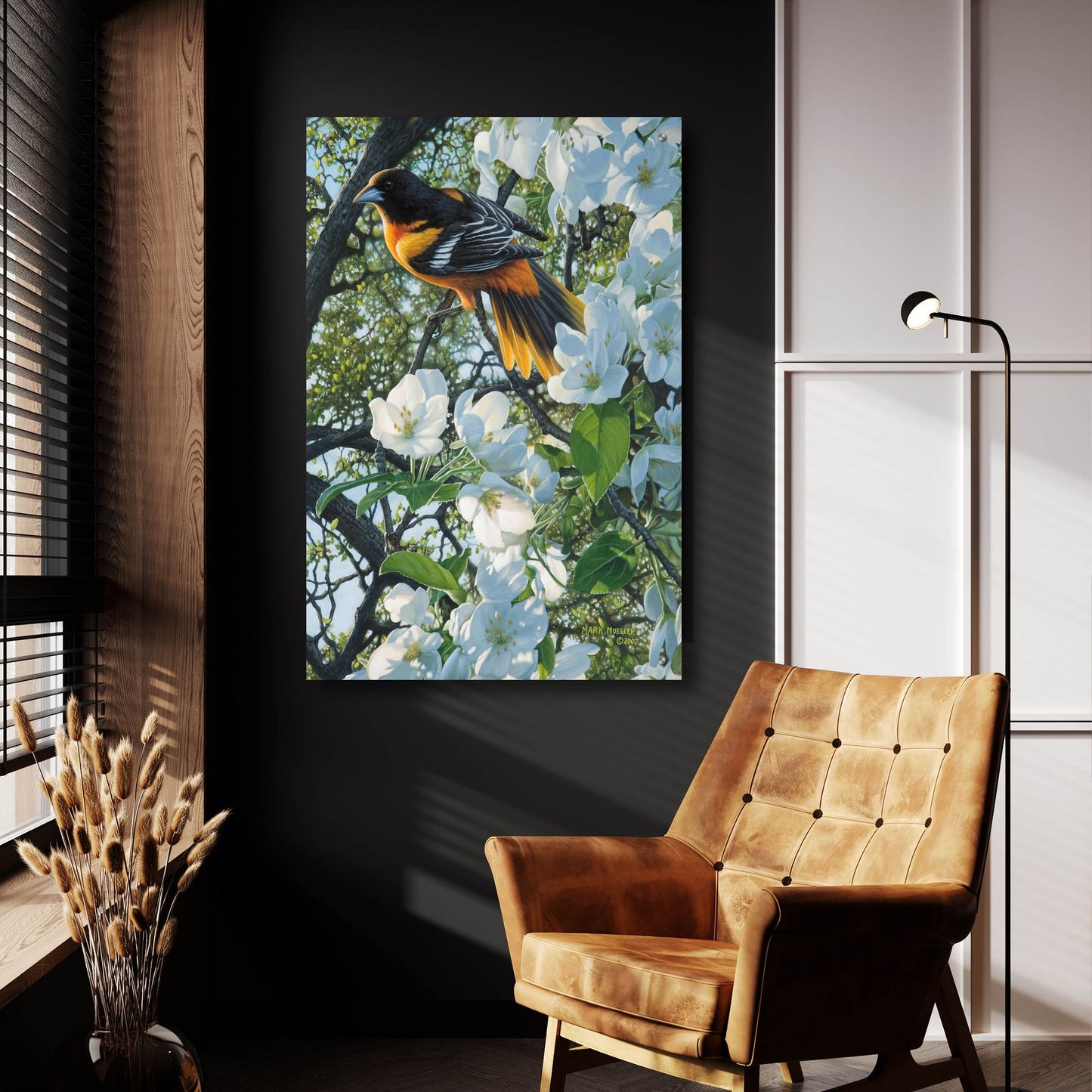 Epic Art 'Midmorning Breeze - Baltimore Oriole' by Mark Mueller Wildlife Art, Acrylic Glass Wall Art,24x36