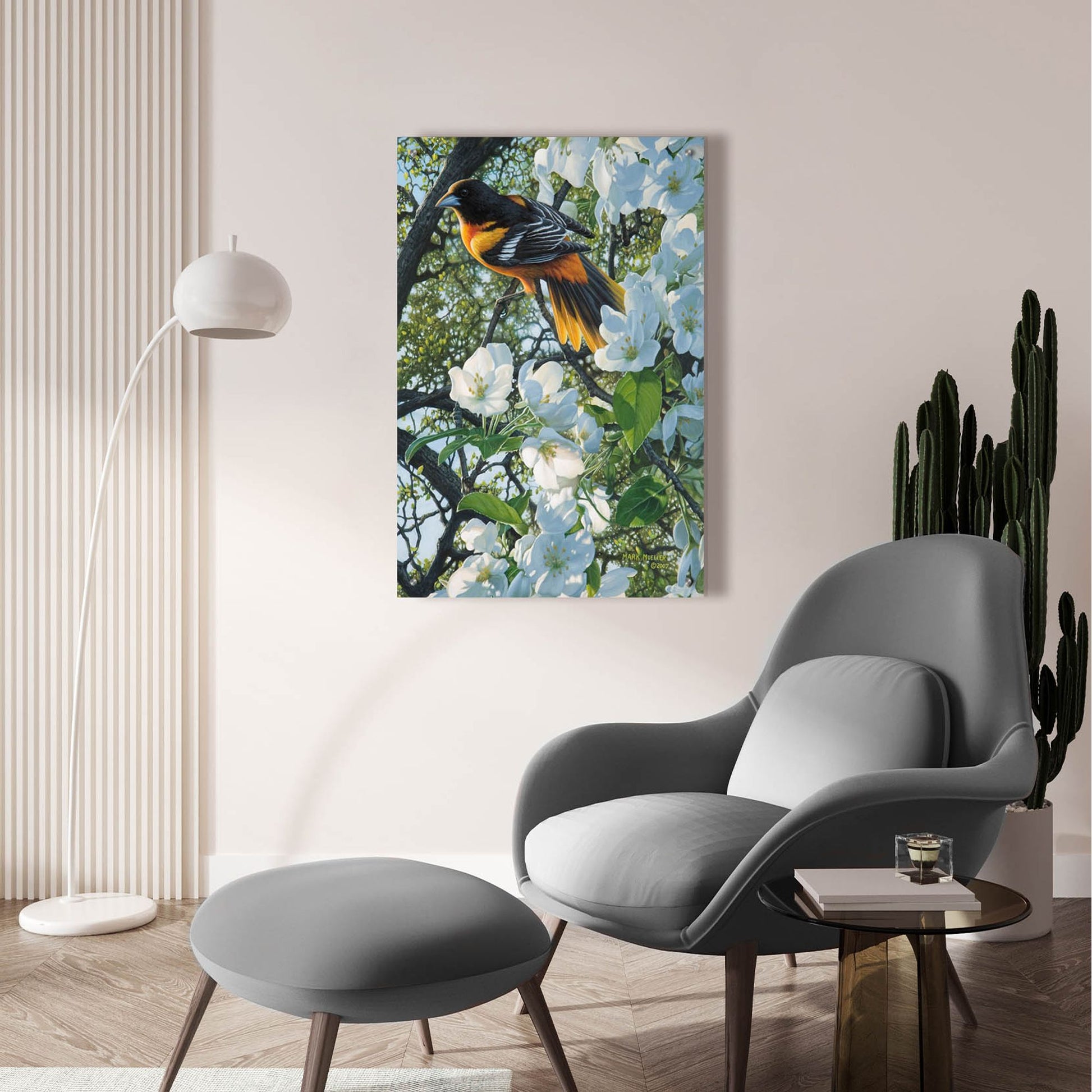 Epic Art 'Midmorning Breeze - Baltimore Oriole' by Mark Mueller Wildlife Art, Acrylic Glass Wall Art,24x36