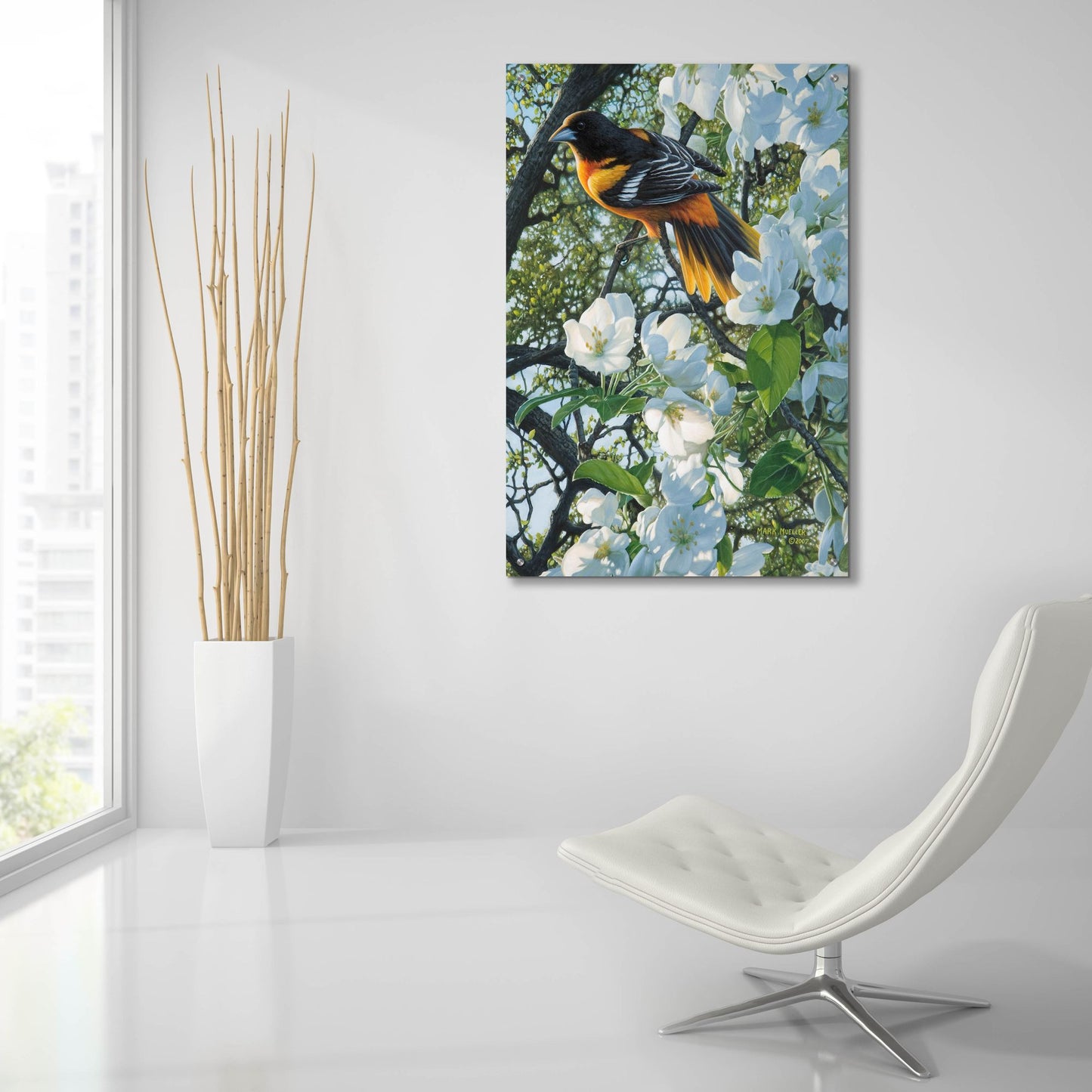 Epic Art 'Midmorning Breeze - Baltimore Oriole' by Mark Mueller Wildlife Art, Acrylic Glass Wall Art,24x36