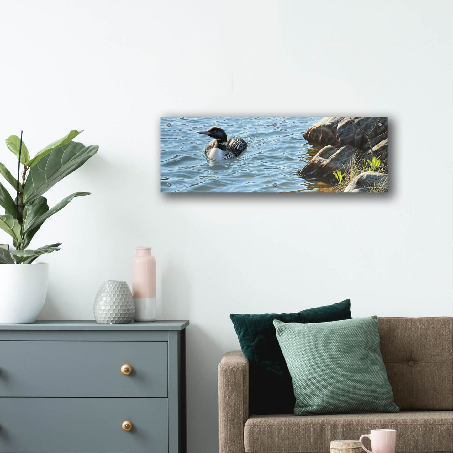 Epic Art 'On the Rocks - Loon' by Mark Mueller Wildlife Art, Acrylic Glass Wall Art,36x12