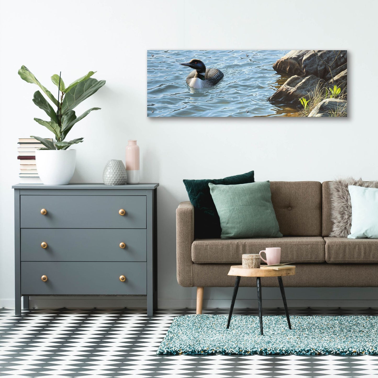 Epic Art 'On the Rocks - Loon' by Mark Mueller Wildlife Art, Acrylic Glass Wall Art,48x16