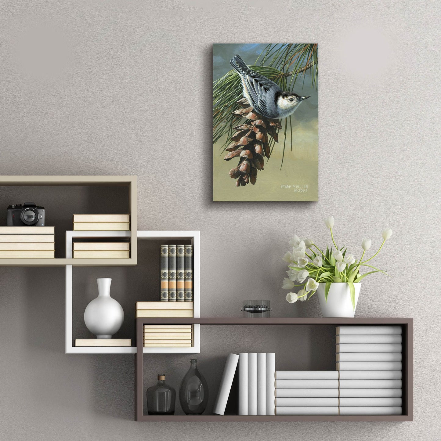 Epic Art 'Pine Cone Perch - White-breasted Nuthatch' by Mark Mueller Wildlife Art, Acrylic Glass Wall Art,16x24