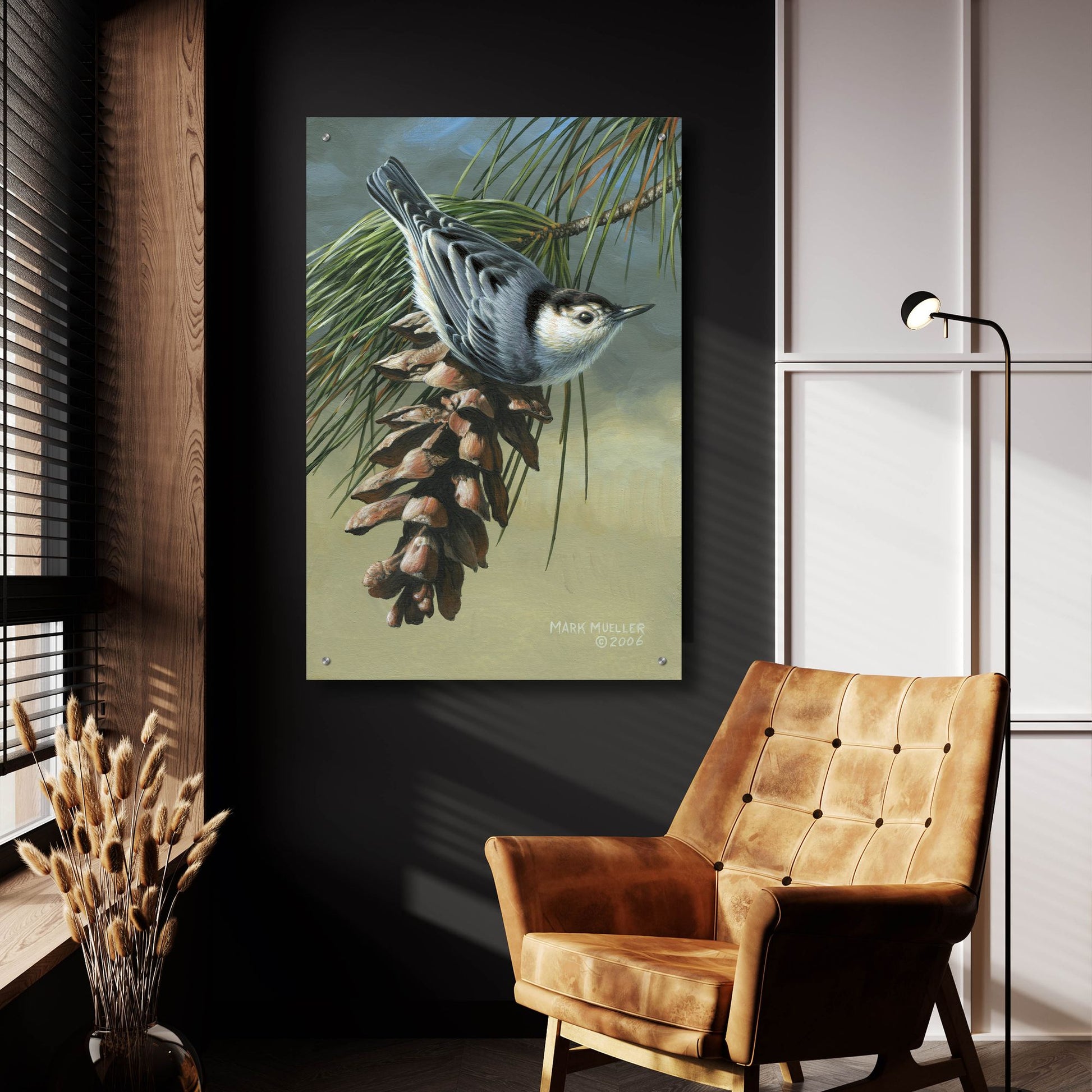 Epic Art 'Pine Cone Perch - White-breasted Nuthatch' by Mark Mueller Wildlife Art, Acrylic Glass Wall Art,24x36