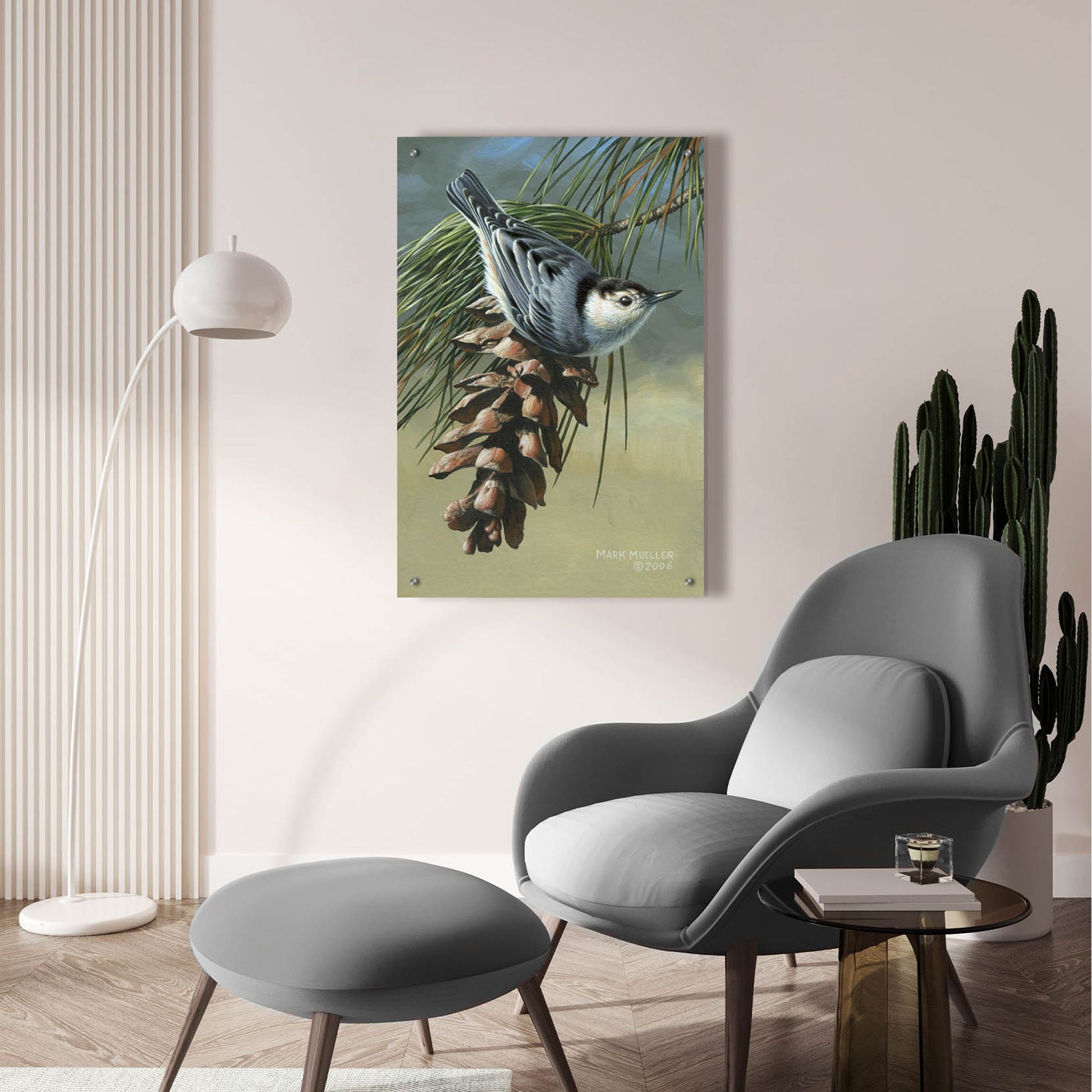 Epic Art 'Pine Cone Perch - White-breasted Nuthatch' by Mark Mueller Wildlife Art, Acrylic Glass Wall Art,24x36