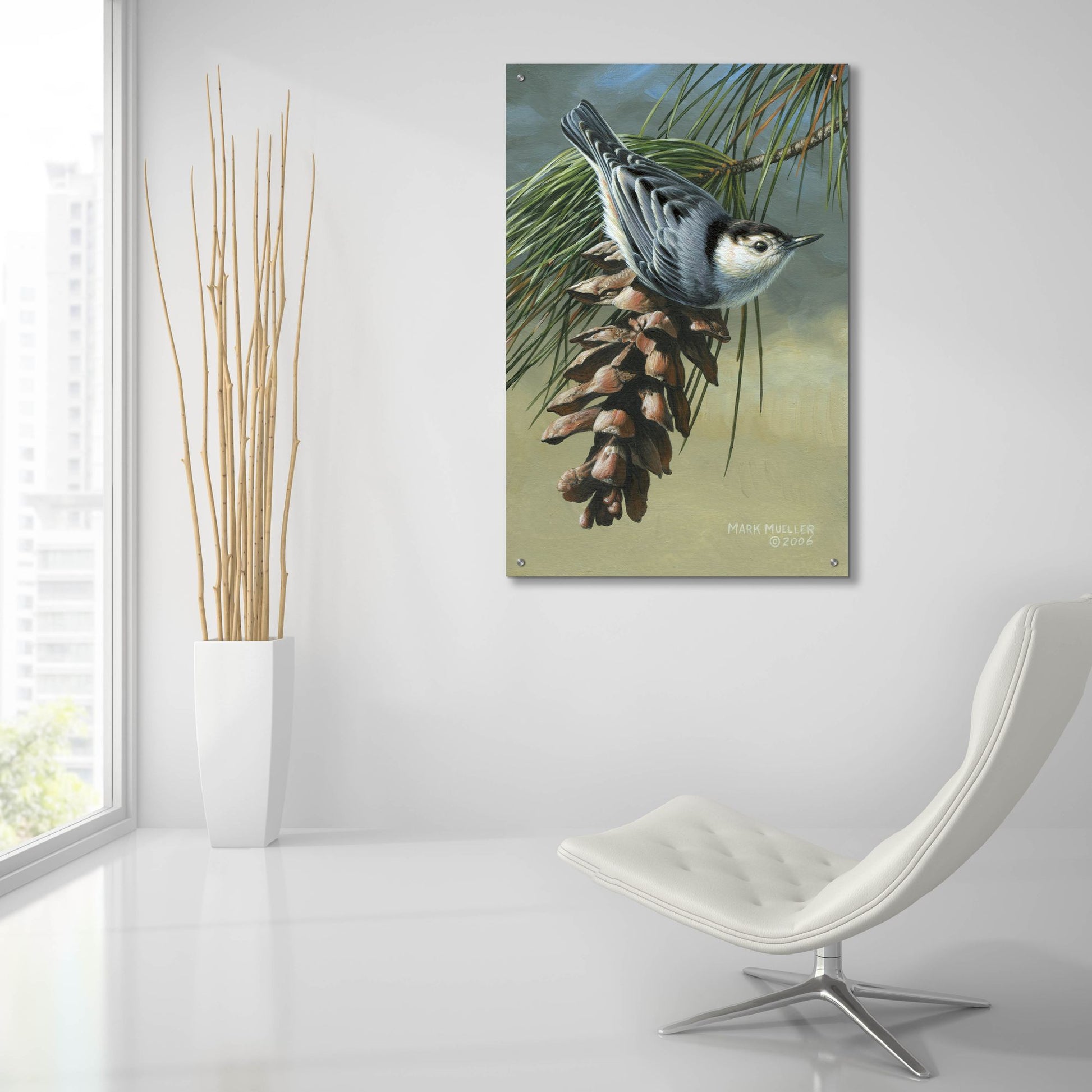 Epic Art 'Pine Cone Perch - White-breasted Nuthatch' by Mark Mueller Wildlife Art, Acrylic Glass Wall Art,24x36