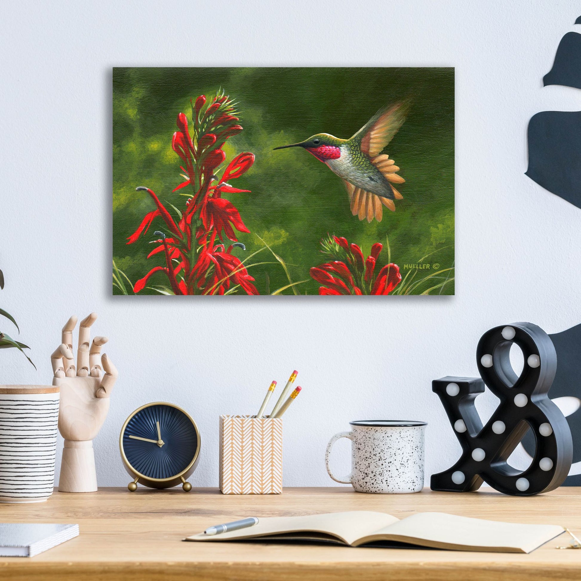 Epic Art 'Seeing Red - Hummingbird and Cardinal Flower' by Mark Mueller Wildlife Art, Acrylic Glass Wall Art,16x12