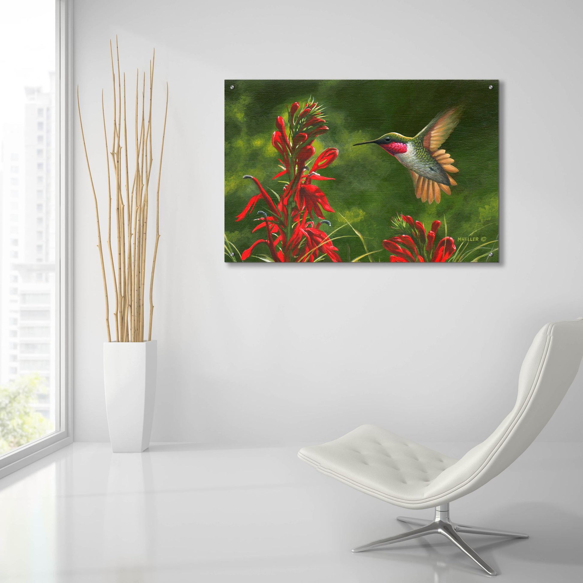 Epic Art 'Seeing Red - Hummingbird and Cardinal Flower' by Mark Mueller Wildlife Art, Acrylic Glass Wall Art,36x24