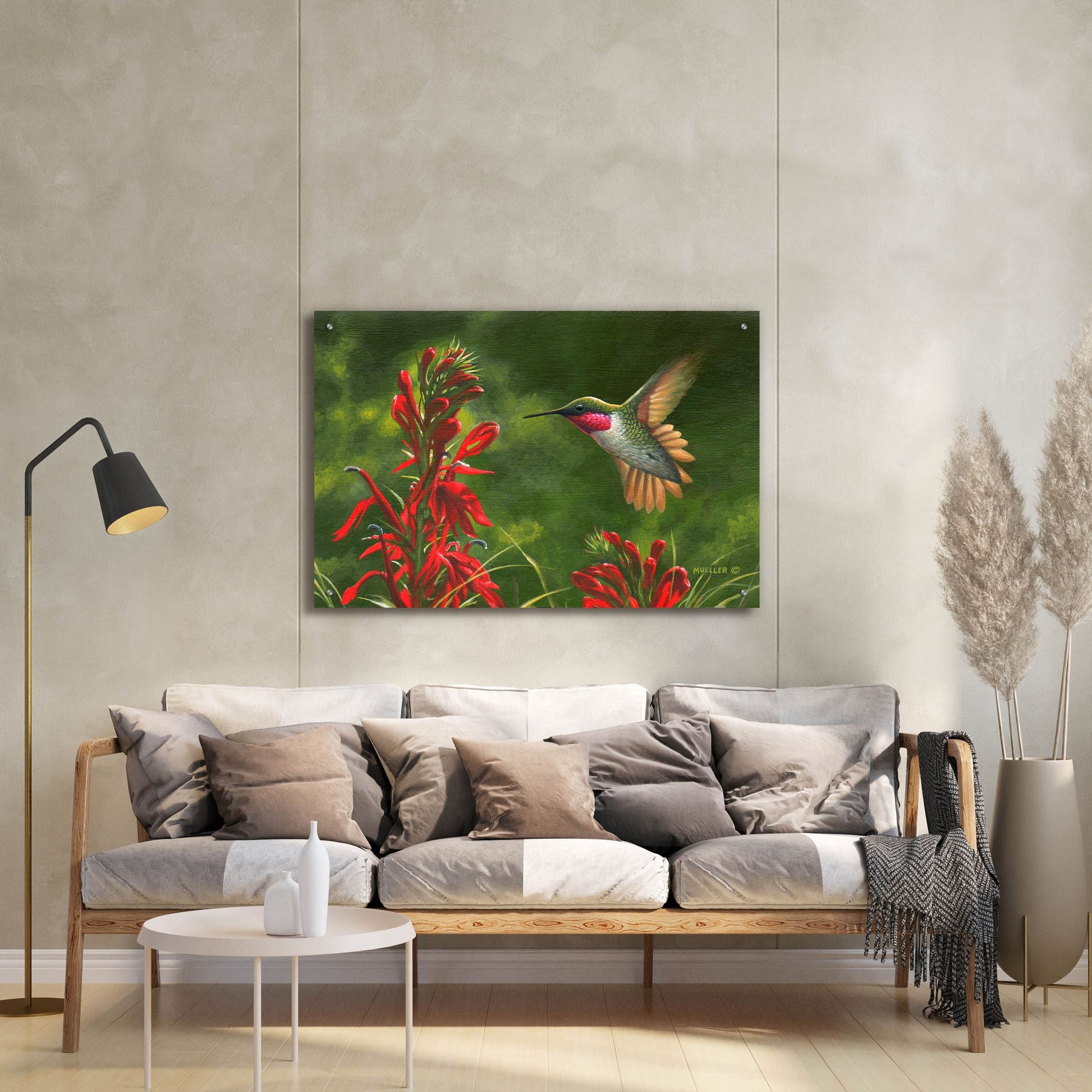 Epic Art 'Seeing Red - Hummingbird and Cardinal Flower' by Mark Mueller Wildlife Art, Acrylic Glass Wall Art,36x24