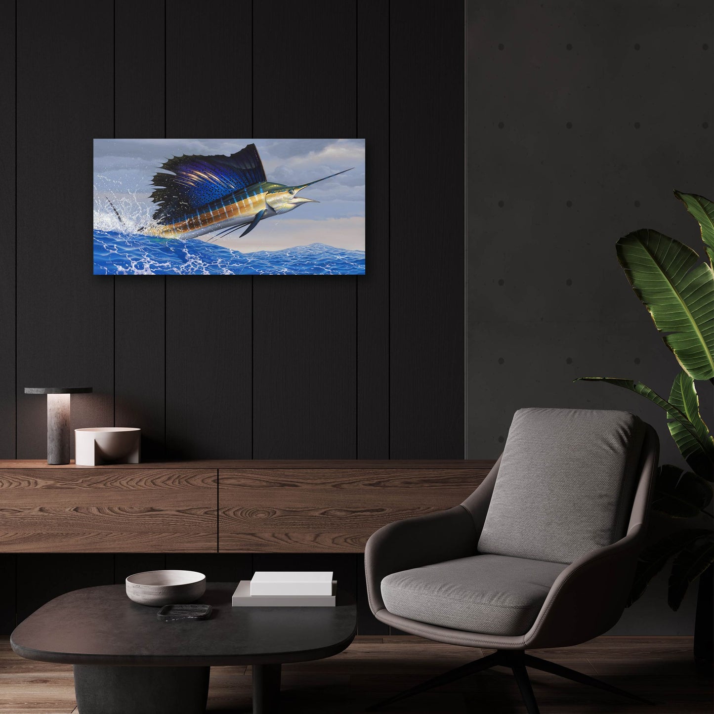 Epic Art 'Splashdown - Sailfish' by Mark Mueller Wildlife Art, Acrylic Glass Wall Art,24x12