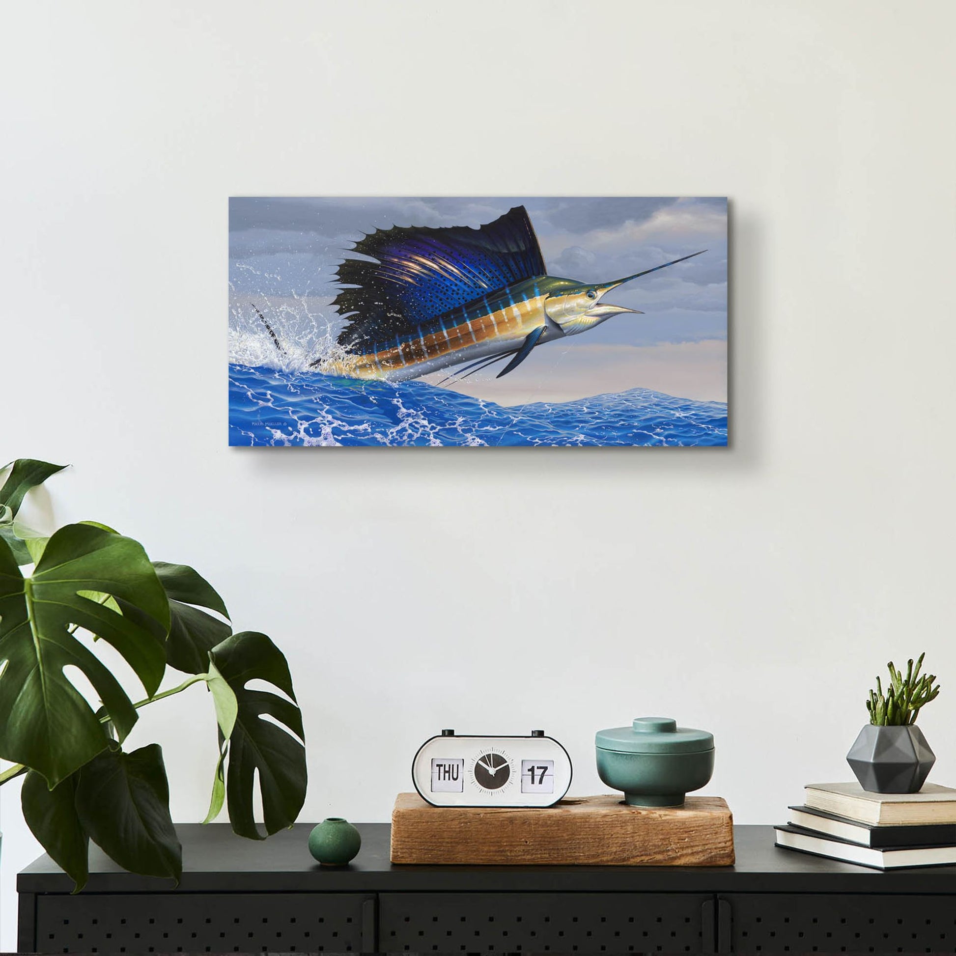 Epic Art 'Splashdown - Sailfish' by Mark Mueller Wildlife Art, Acrylic Glass Wall Art,24x12