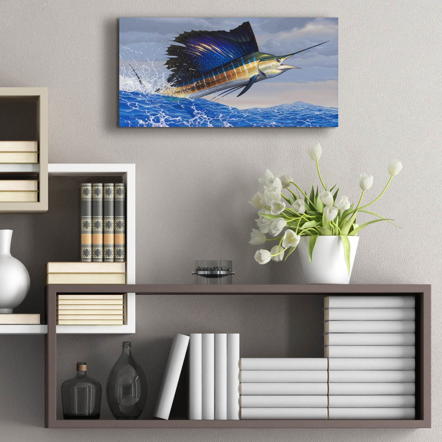 Epic Art 'Splashdown - Sailfish' by Mark Mueller Wildlife Art, Acrylic Glass Wall Art,24x12