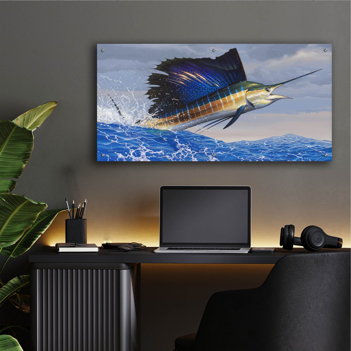 Epic Art 'Splashdown - Sailfish' by Mark Mueller Wildlife Art, Acrylic Glass Wall Art,48x24