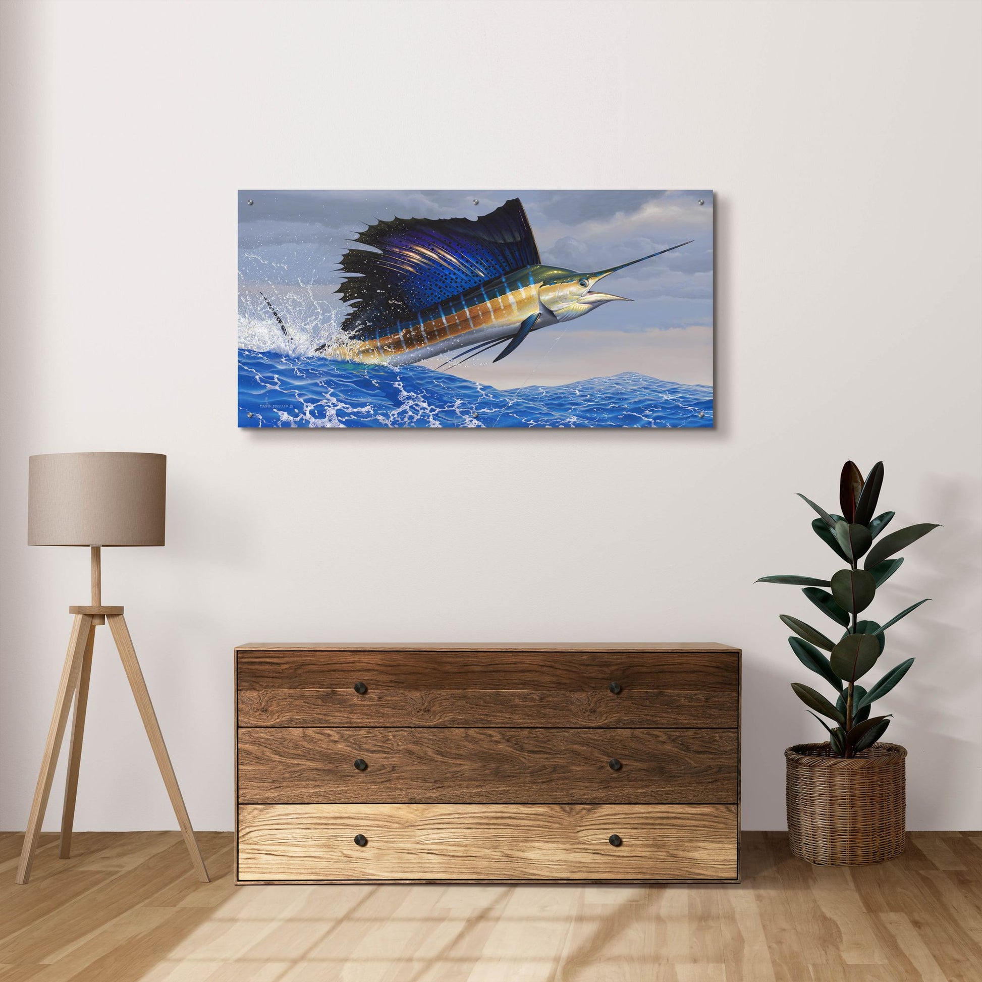 Epic Art 'Splashdown - Sailfish' by Mark Mueller Wildlife Art, Acrylic Glass Wall Art,48x24