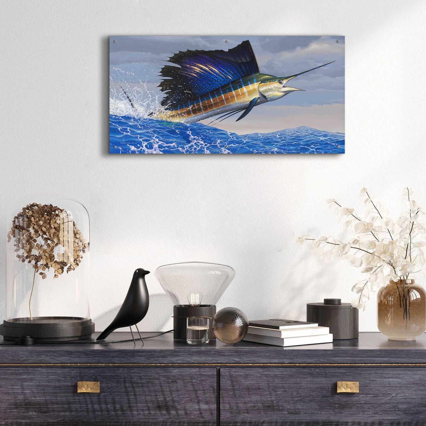 Epic Art 'Splashdown - Sailfish' by Mark Mueller Wildlife Art, Acrylic Glass Wall Art,48x24