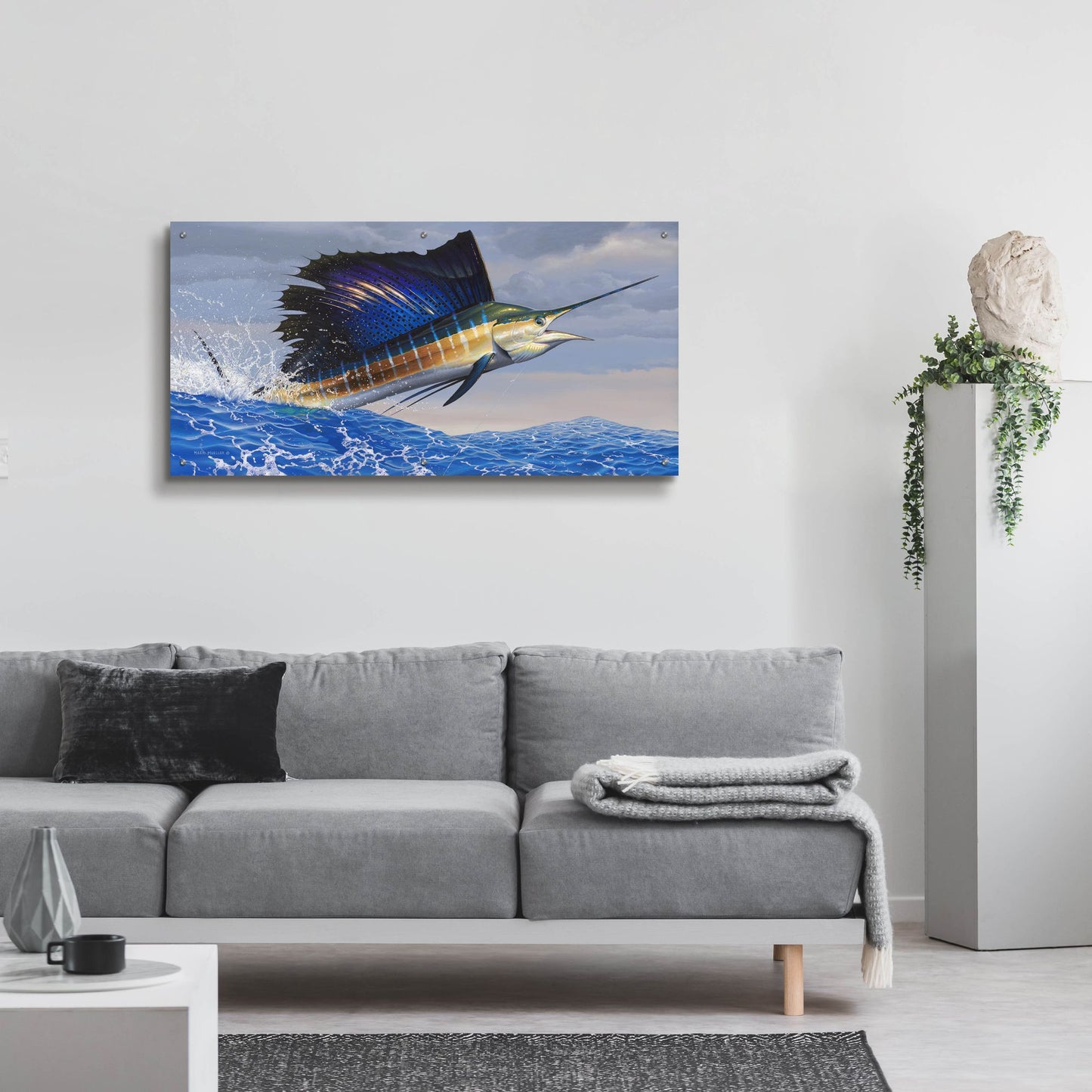 Epic Art 'Splashdown - Sailfish' by Mark Mueller Wildlife Art, Acrylic Glass Wall Art,48x24