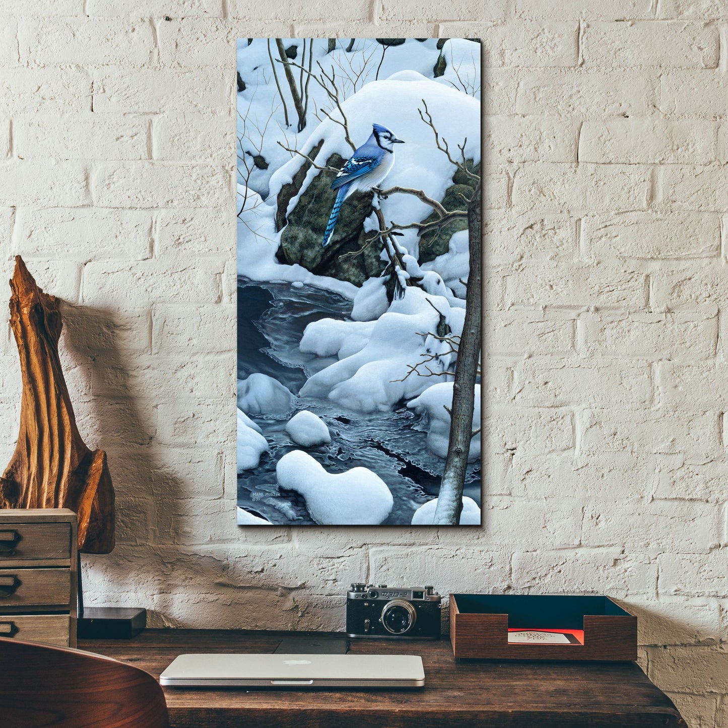 Epic Art 'Tranquil Morning - Blue Jay' by Mark Mueller Wildlife Art, Acrylic Glass Wall Art,12x24