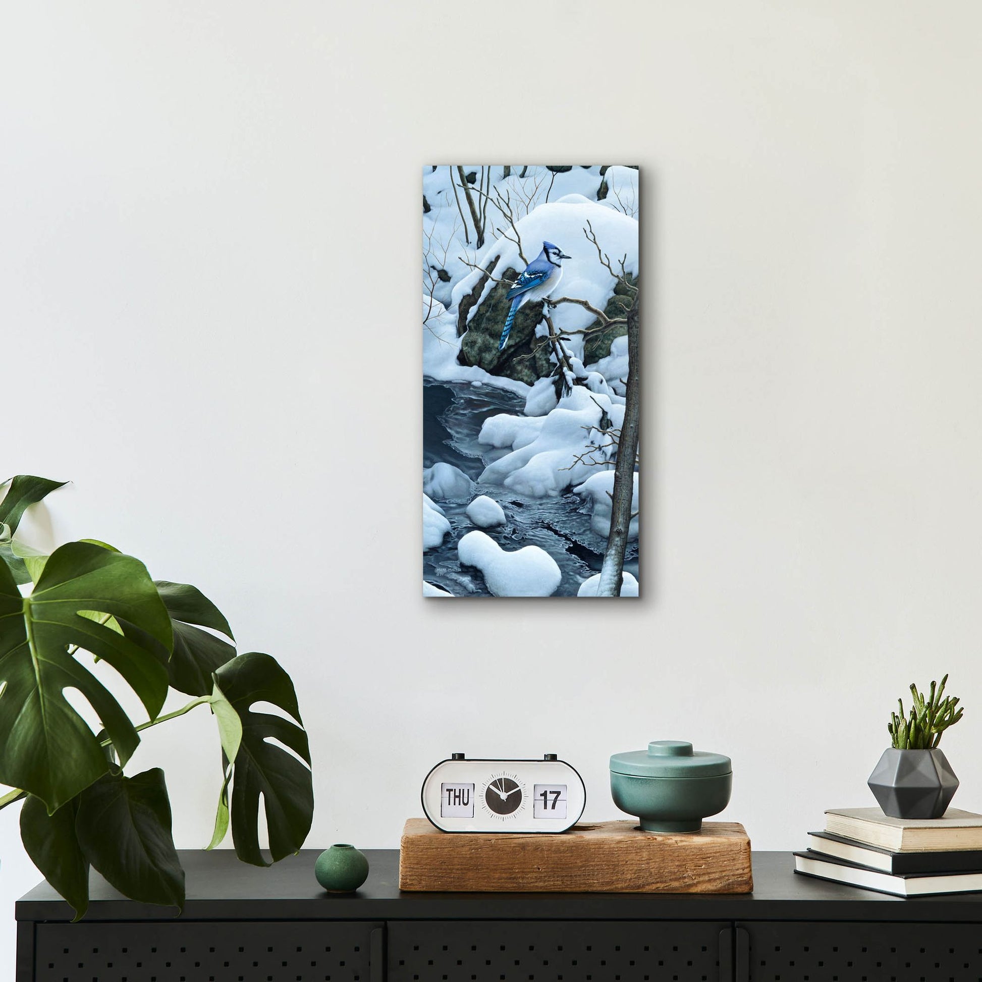 Epic Art 'Tranquil Morning - Blue Jay' by Mark Mueller Wildlife Art, Acrylic Glass Wall Art,12x24