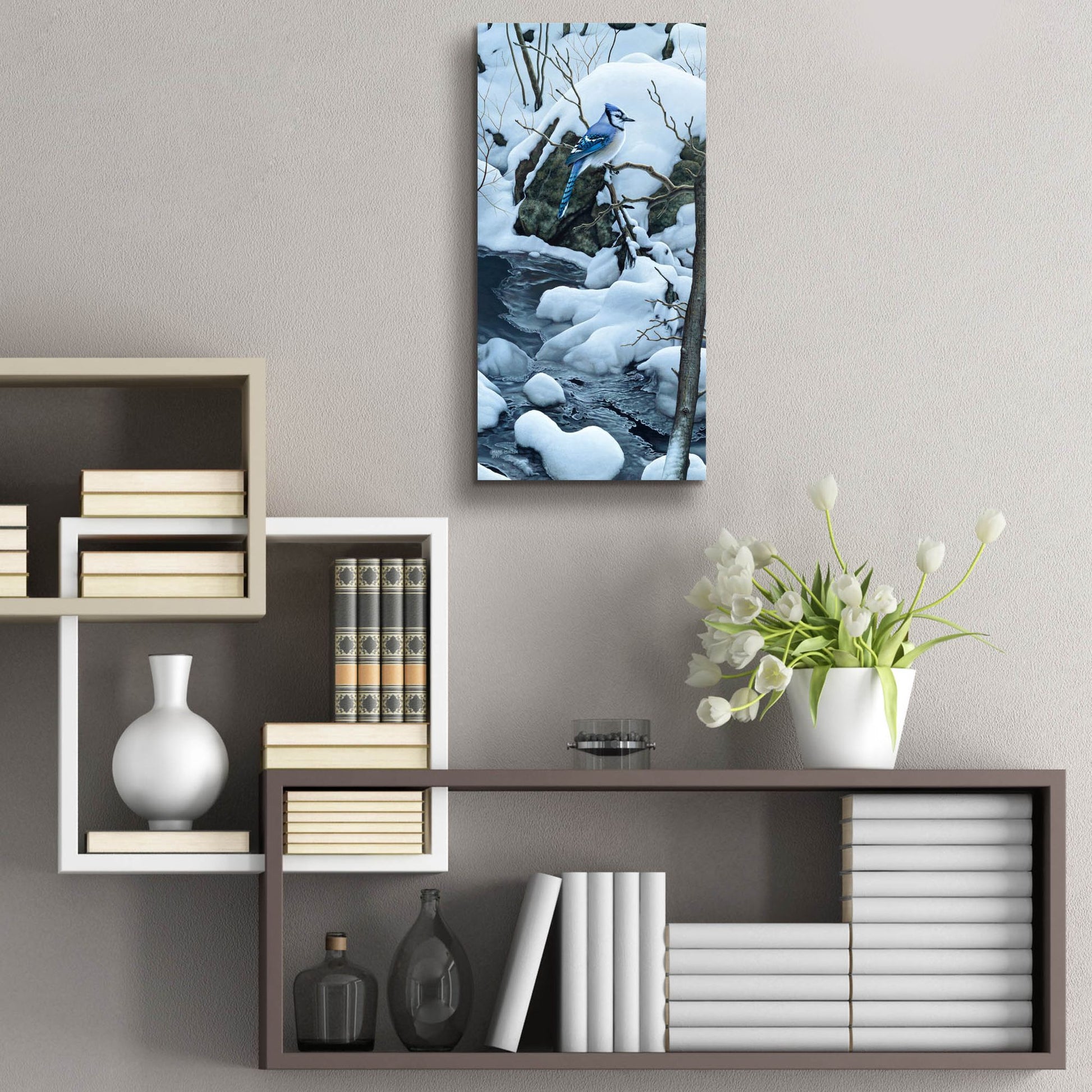 Epic Art 'Tranquil Morning - Blue Jay' by Mark Mueller Wildlife Art, Acrylic Glass Wall Art,12x24