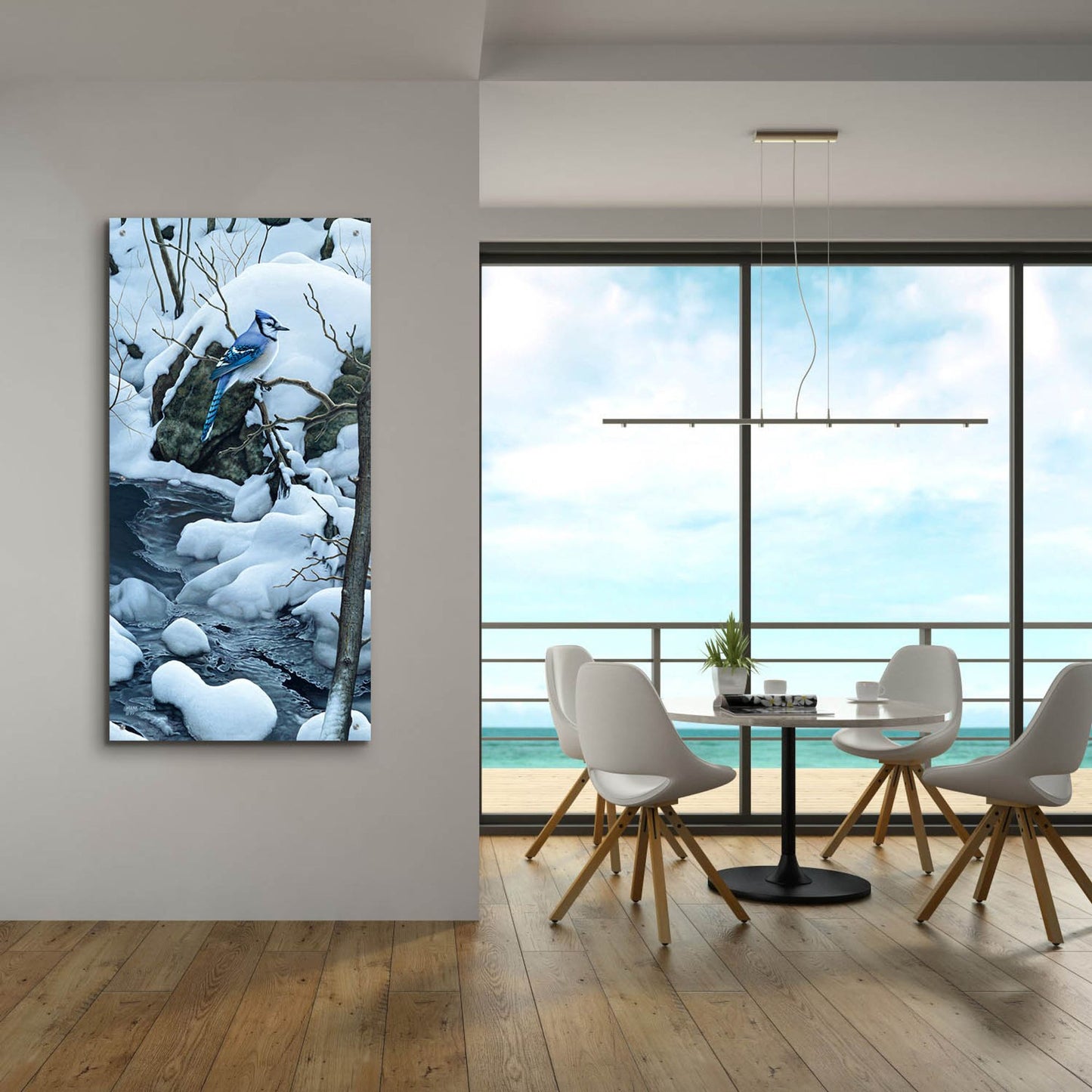 Epic Art 'Tranquil Morning - Blue Jay' by Mark Mueller Wildlife Art, Acrylic Glass Wall Art,24x48