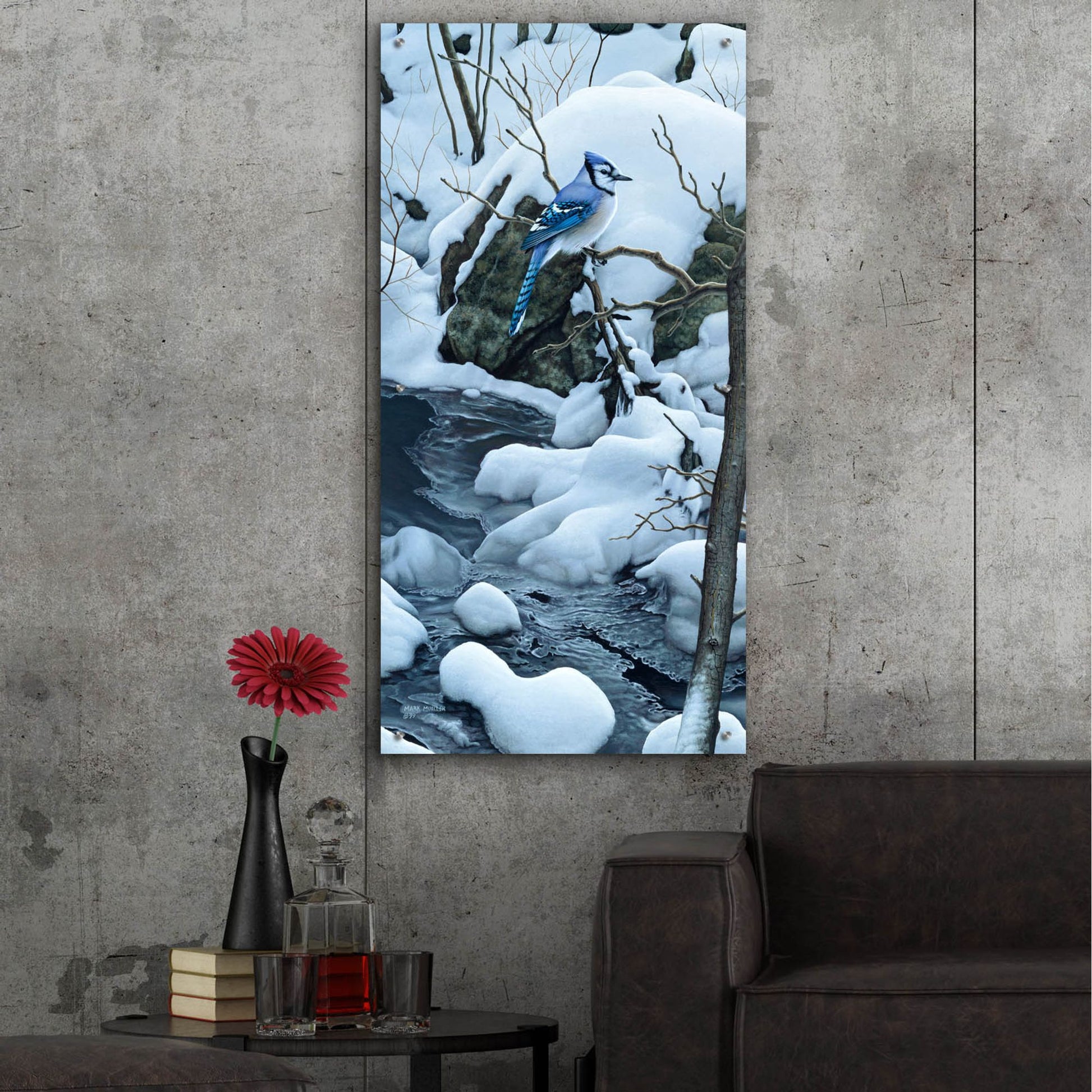 Epic Art 'Tranquil Morning - Blue Jay' by Mark Mueller Wildlife Art, Acrylic Glass Wall Art,24x48