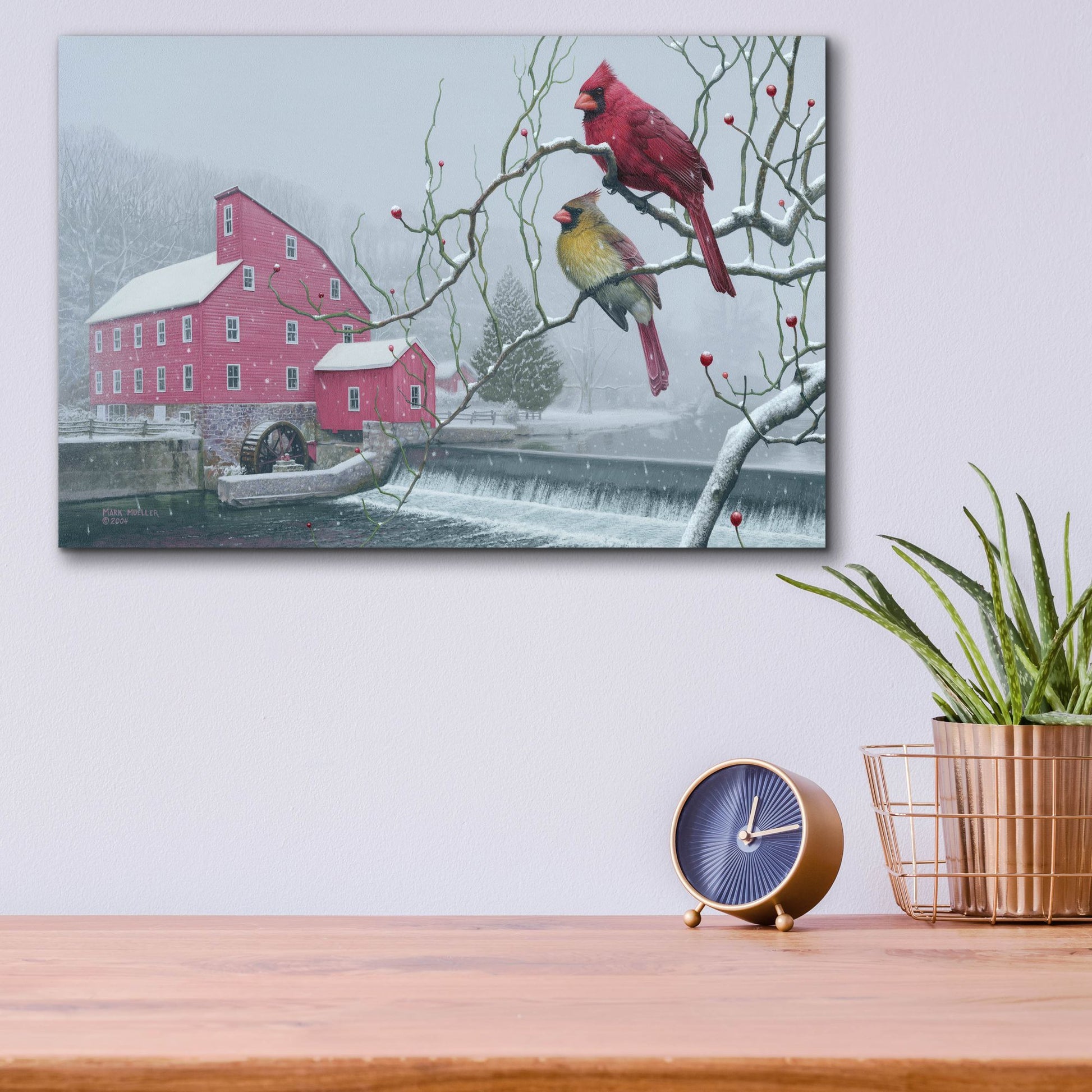 Epic Art 'Winter gems - Cardinals at Clinton Mill NJ' by Mark Mueller Wildlife Art, Acrylic Glass Wall Art,16x12