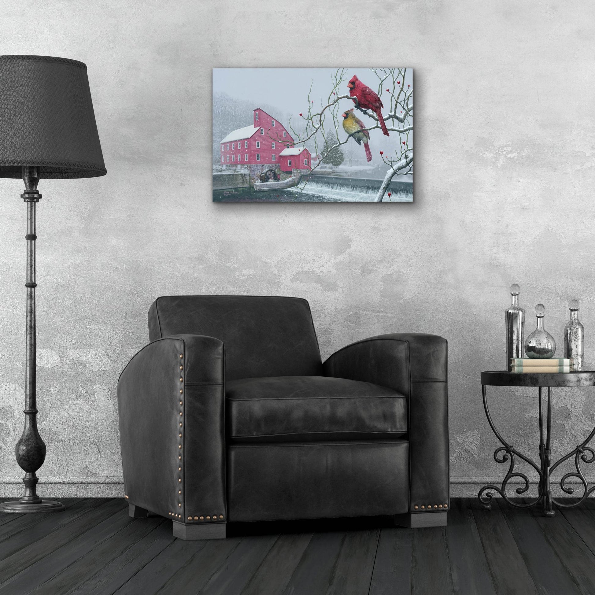 Epic Art 'Winter gems - Cardinals at Clinton Mill NJ' by Mark Mueller Wildlife Art, Acrylic Glass Wall Art,24x16