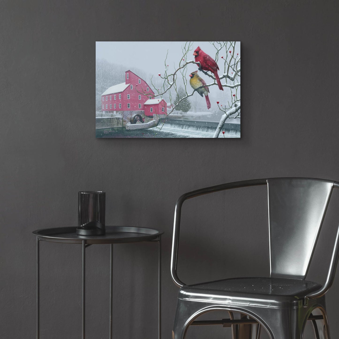 Epic Art 'Winter gems - Cardinals at Clinton Mill NJ' by Mark Mueller Wildlife Art, Acrylic Glass Wall Art,24x16