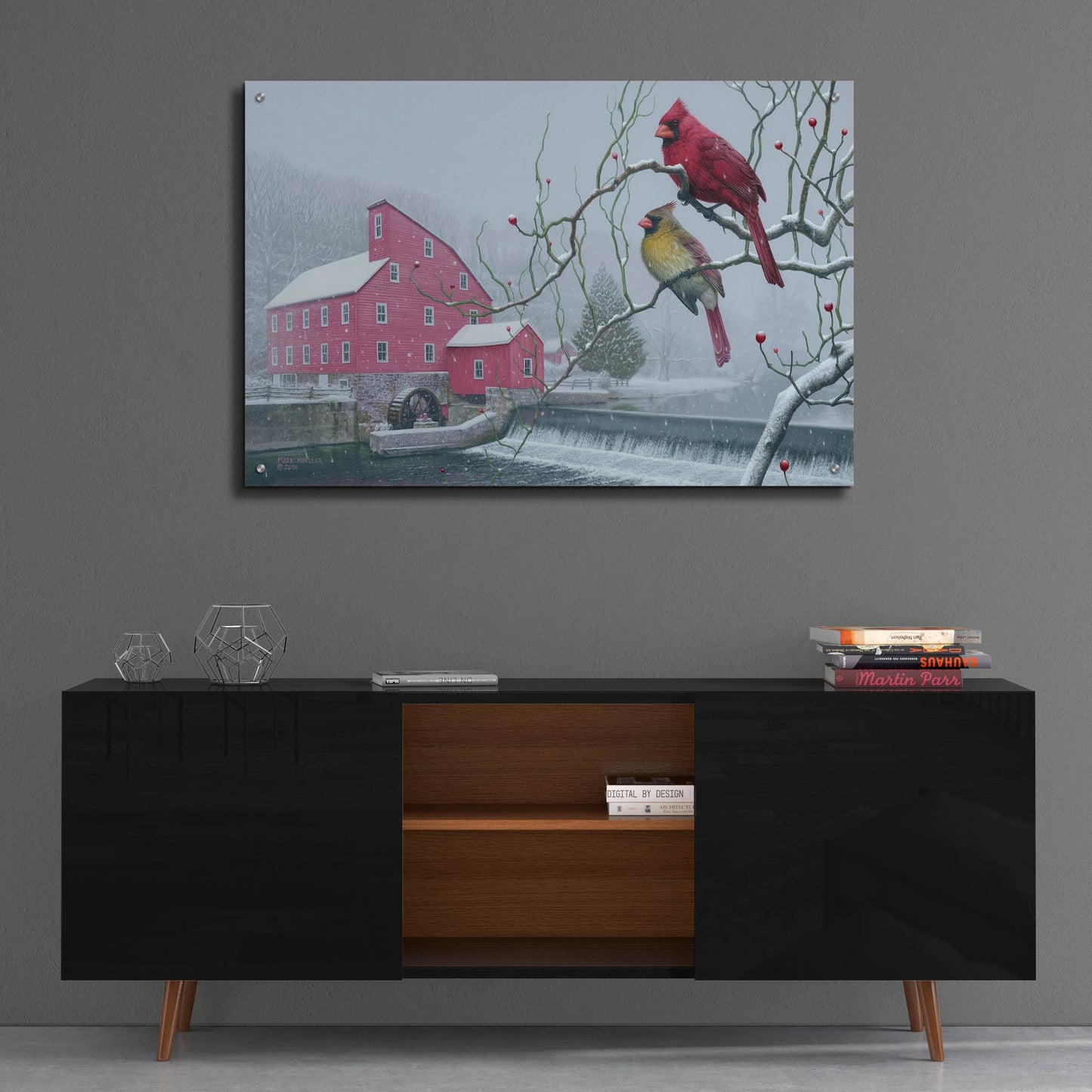 Epic Art 'Winter gems - Cardinals at Clinton Mill NJ' by Mark Mueller Wildlife Art, Acrylic Glass Wall Art,36x24