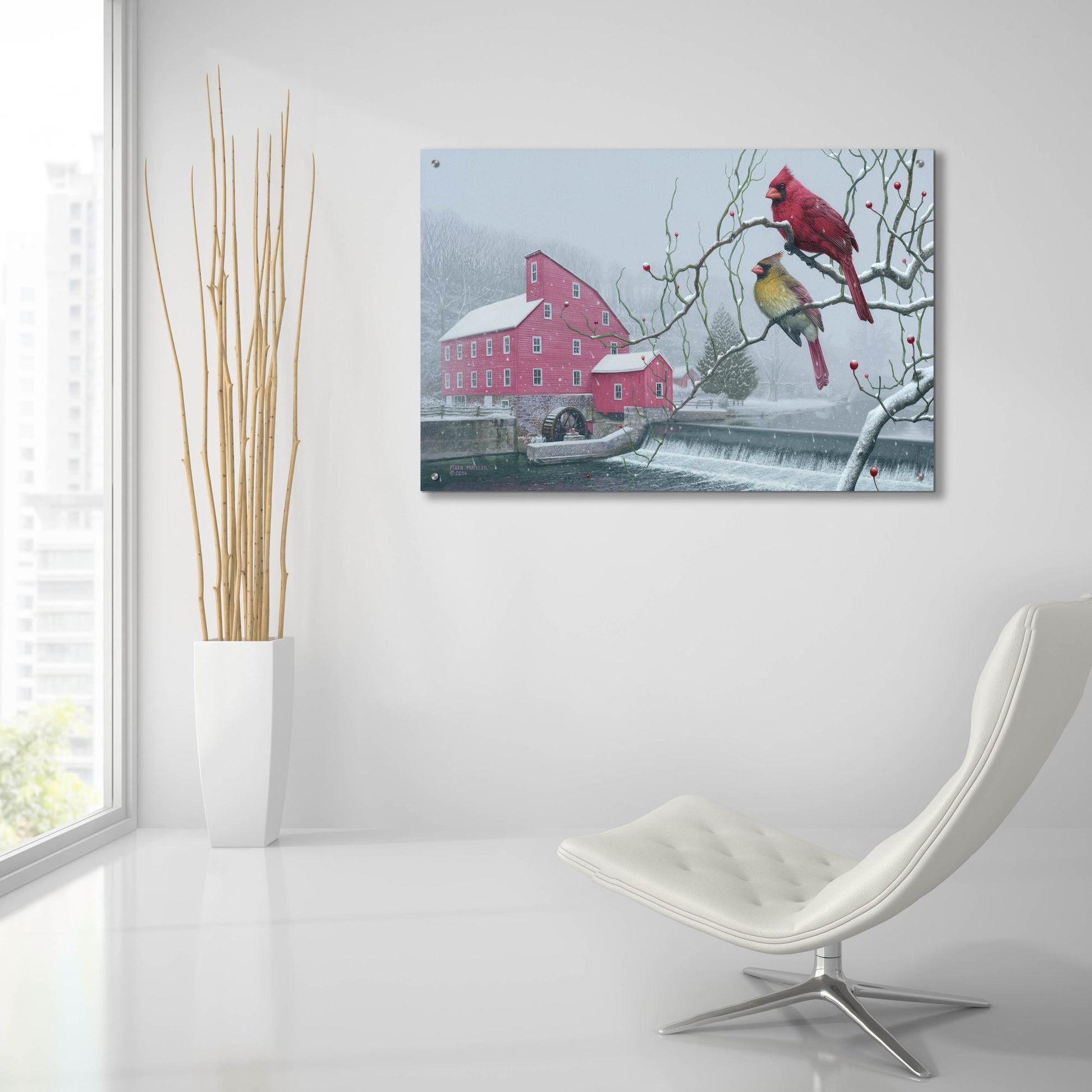 Epic Art 'Winter gems - Cardinals at Clinton Mill NJ' by Mark Mueller Wildlife Art, Acrylic Glass Wall Art,36x24