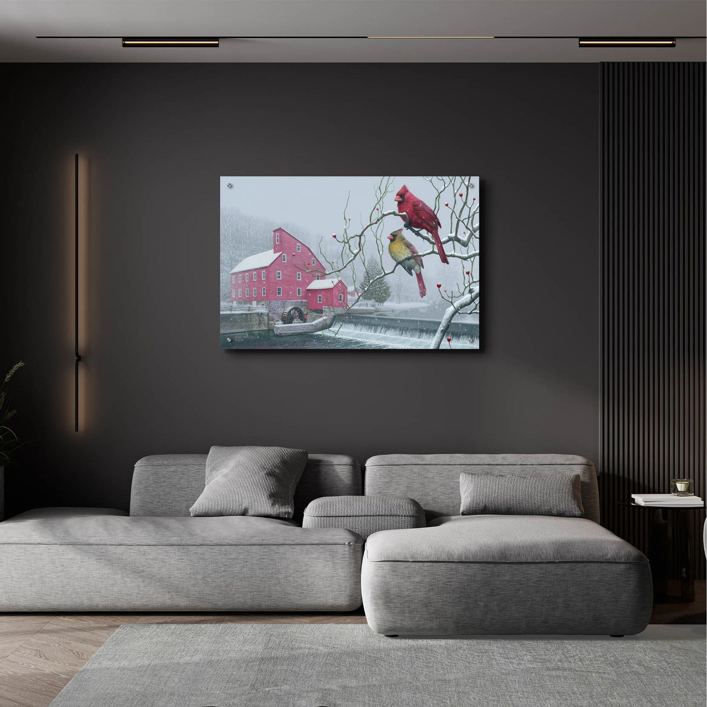 Epic Art 'Winter gems - Cardinals at Clinton Mill NJ' by Mark Mueller Wildlife Art, Acrylic Glass Wall Art,36x24