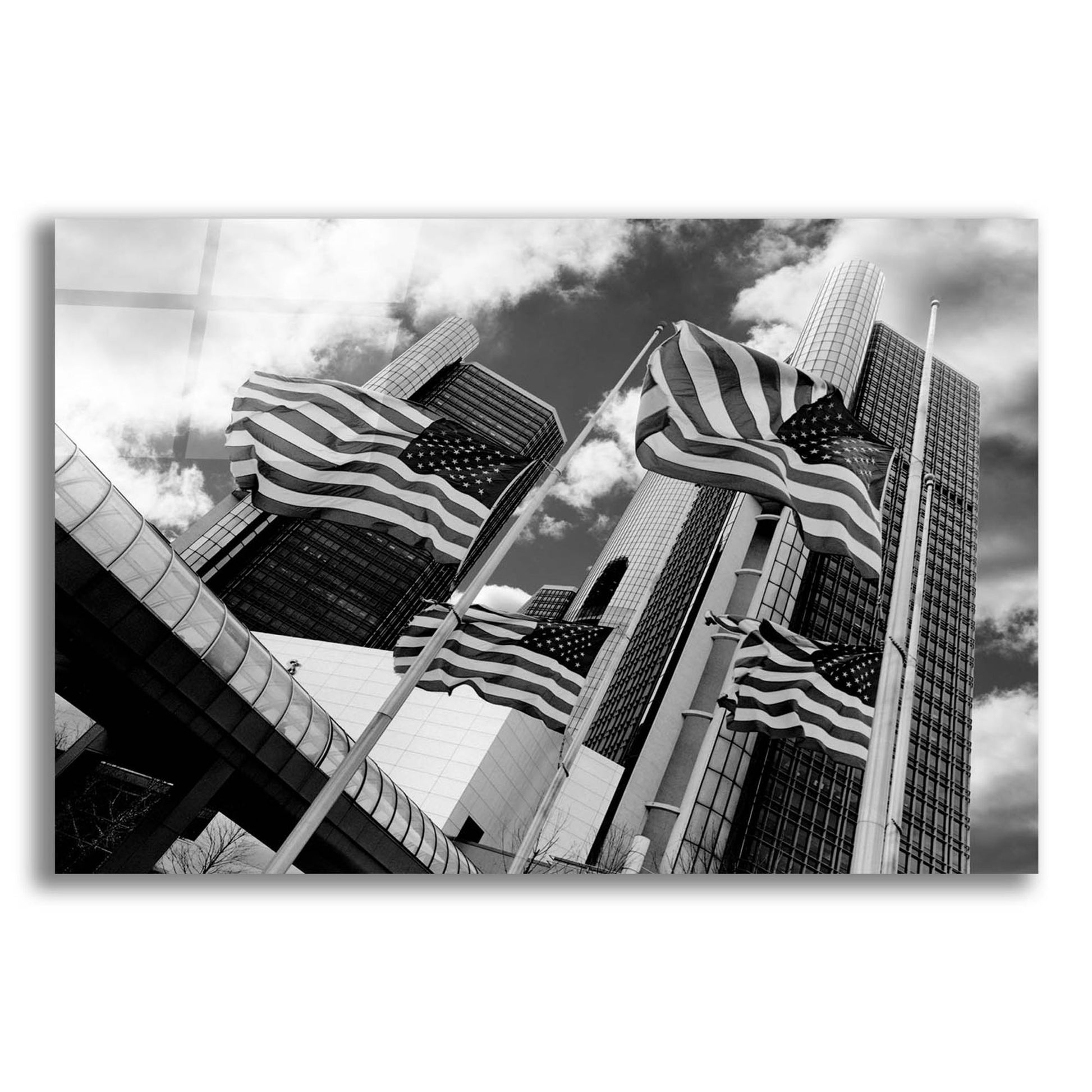 Epic Art 'Renaissance Center & Flags, Detroit, Michigan 06' by Monte Nagler, Acrylic Glass Wall Art,16x12