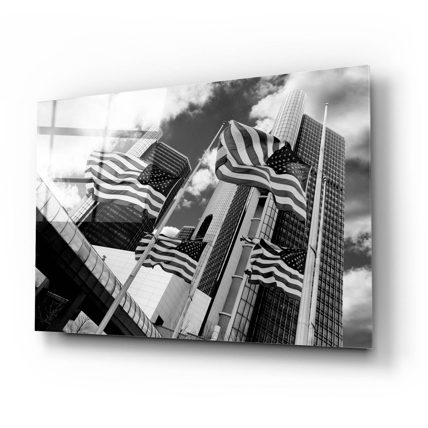 Epic Art 'Renaissance Center & Flags, Detroit, Michigan 06' by Monte Nagler, Acrylic Glass Wall Art,24x16