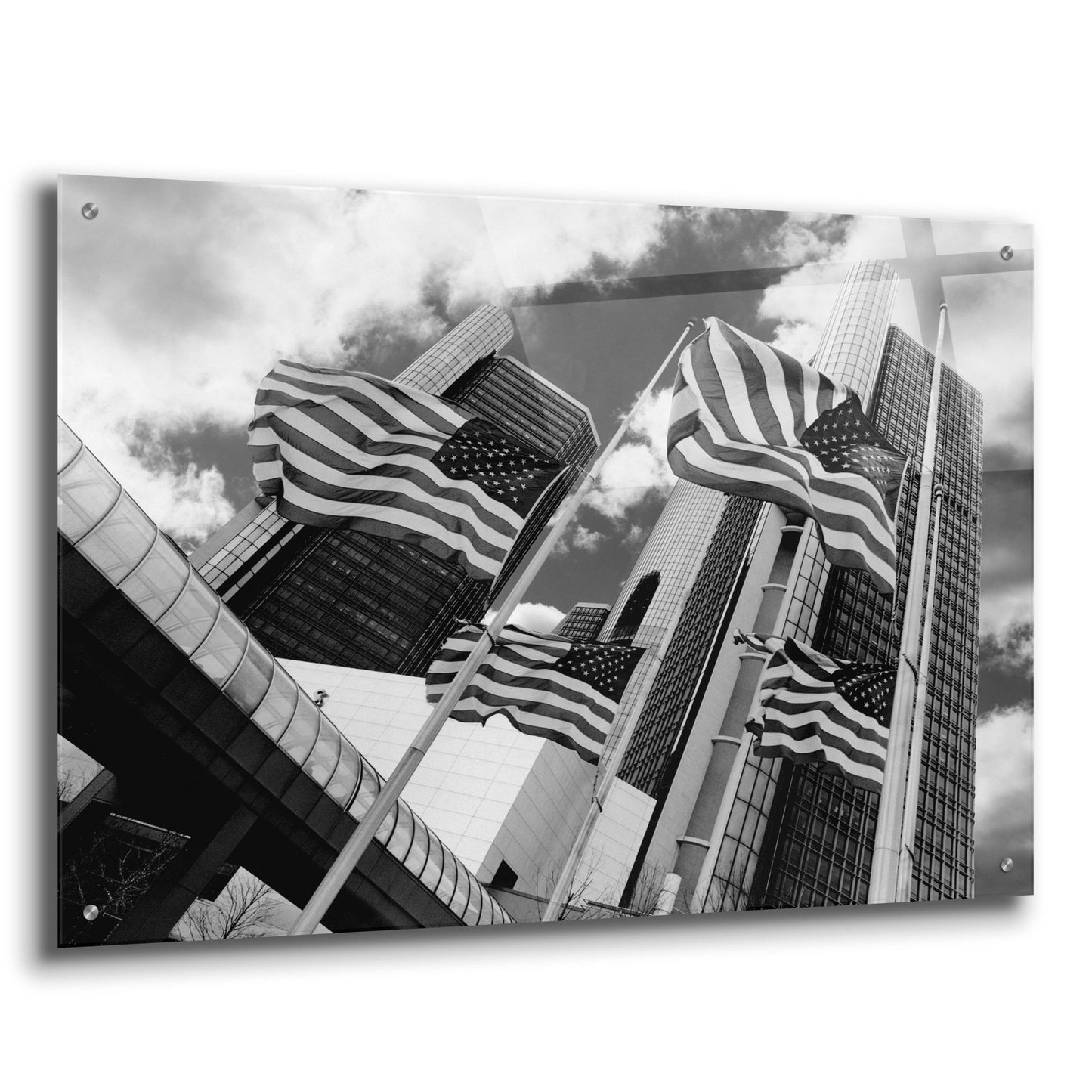 Epic Art 'Renaissance Center & Flags, Detroit, Michigan 06' by Monte Nagler, Acrylic Glass Wall Art,36x24