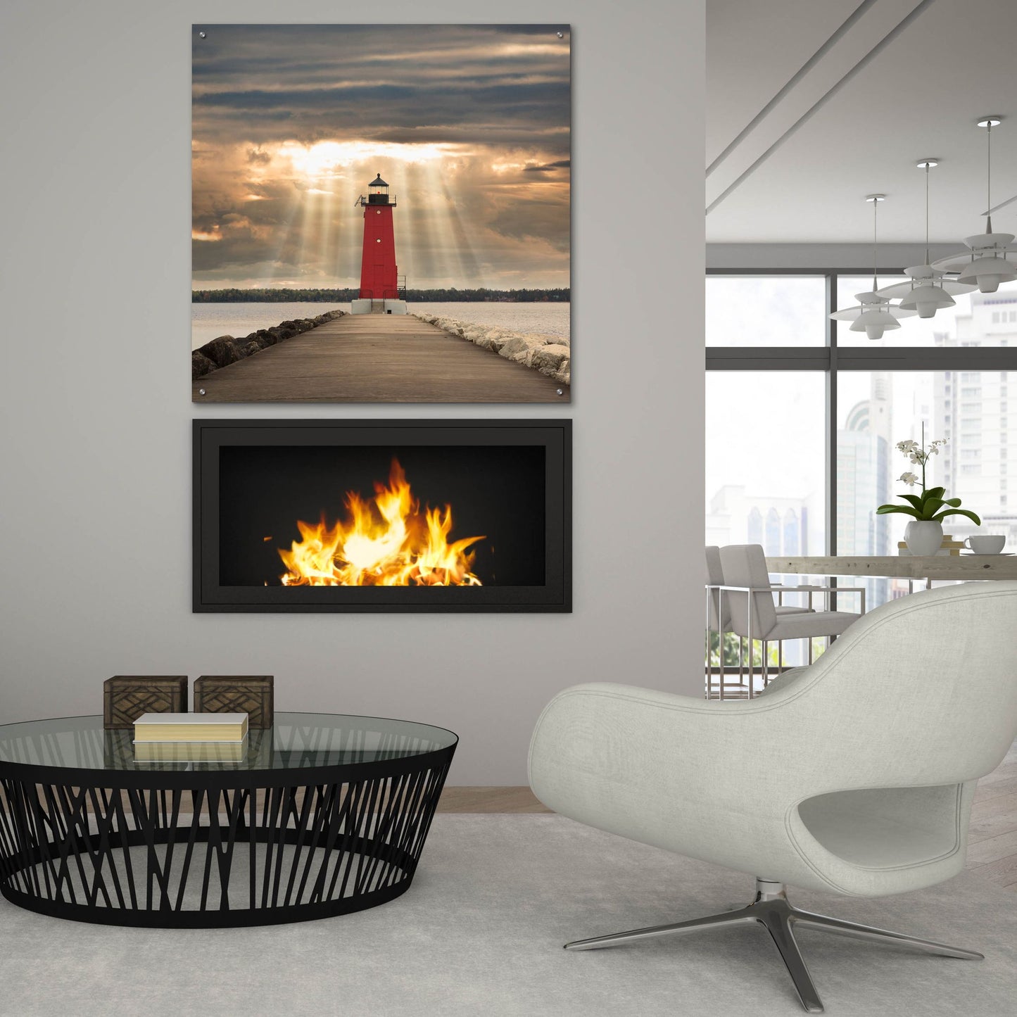 Epic Art 'Manistique Lighthouse & Sunbeams, Michigan 14' by Monte Nagler, Acrylic Glass Wall Art,36x36