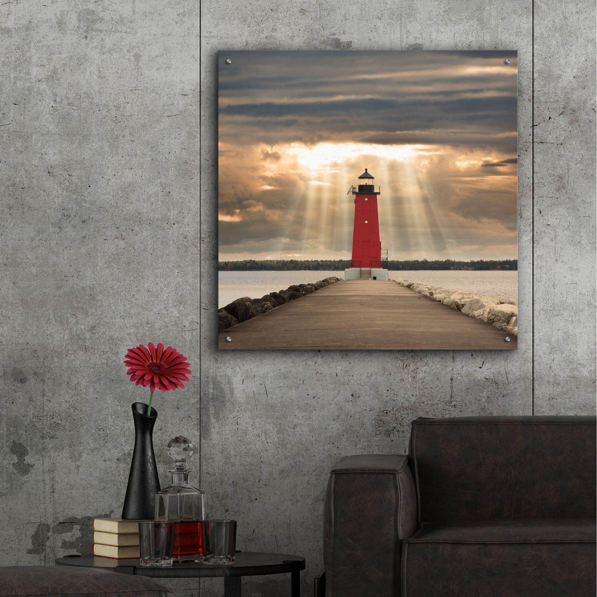 Epic Art 'Manistique Lighthouse & Sunbeams, Michigan 14' by Monte Nagler, Acrylic Glass Wall Art,36x36