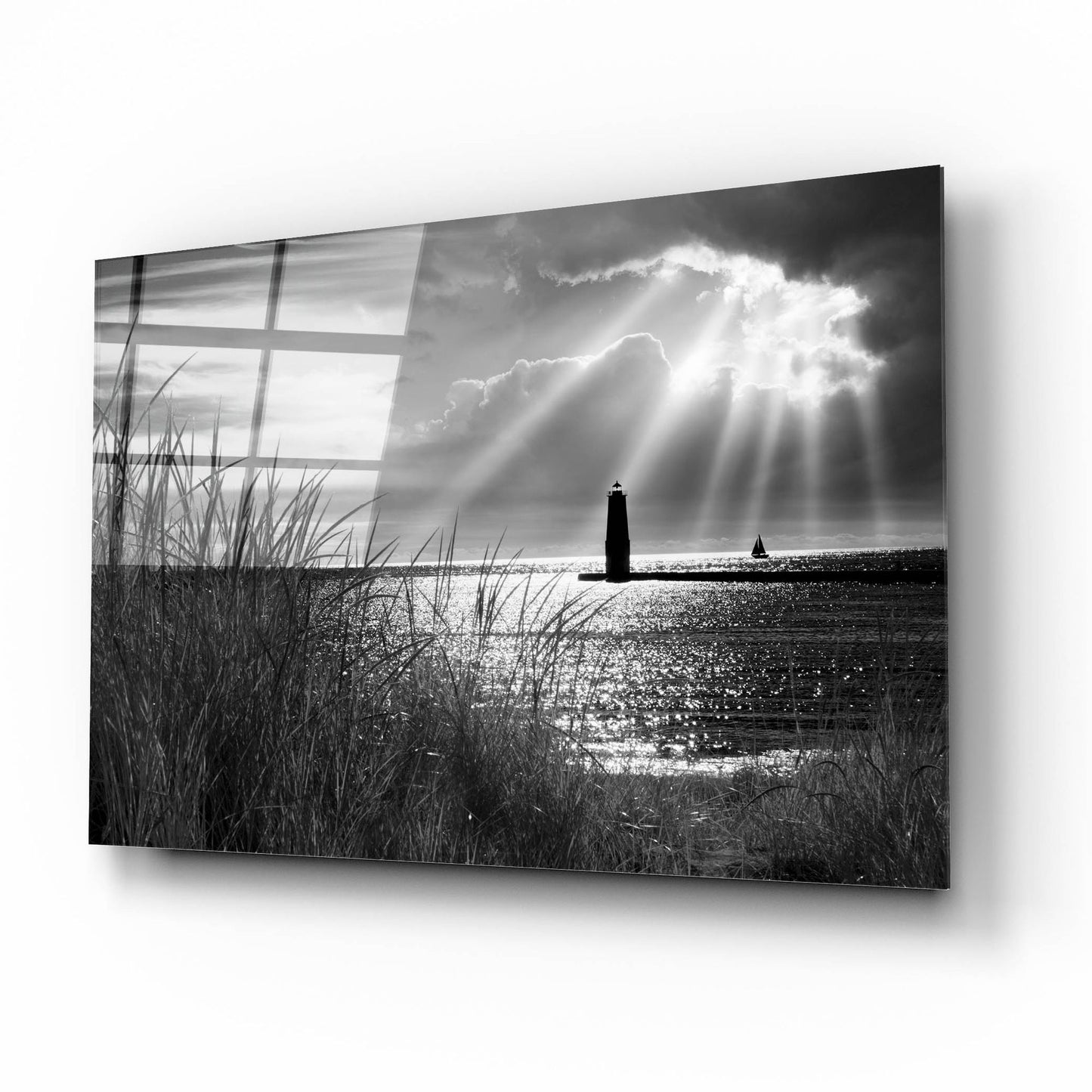 Epic Art 'Frankfort Lighthouse and Sunbeams' by Monte Nagler, Acrylic Glass Wall Art,16x12