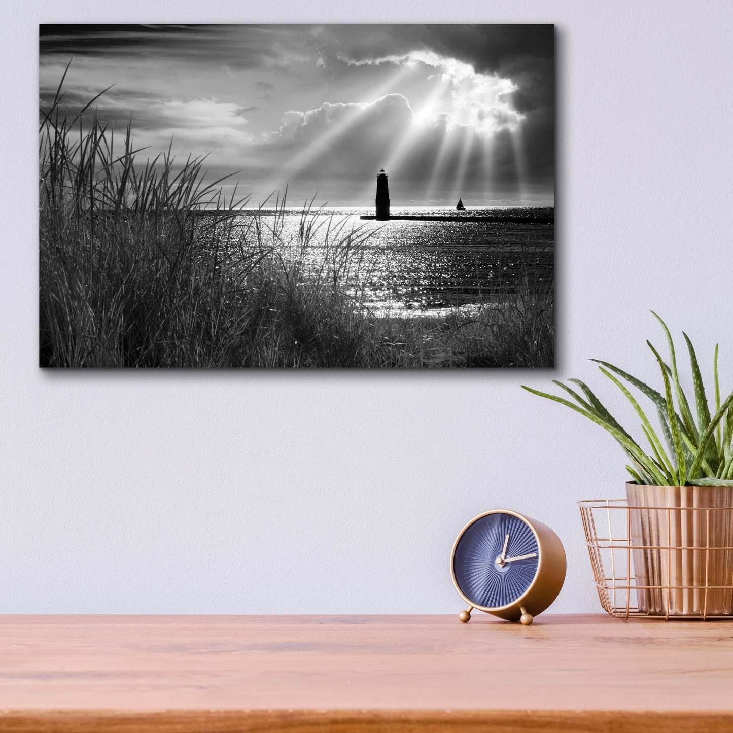 Epic Art 'Frankfort Lighthouse and Sunbeams' by Monte Nagler, Acrylic Glass Wall Art,16x12