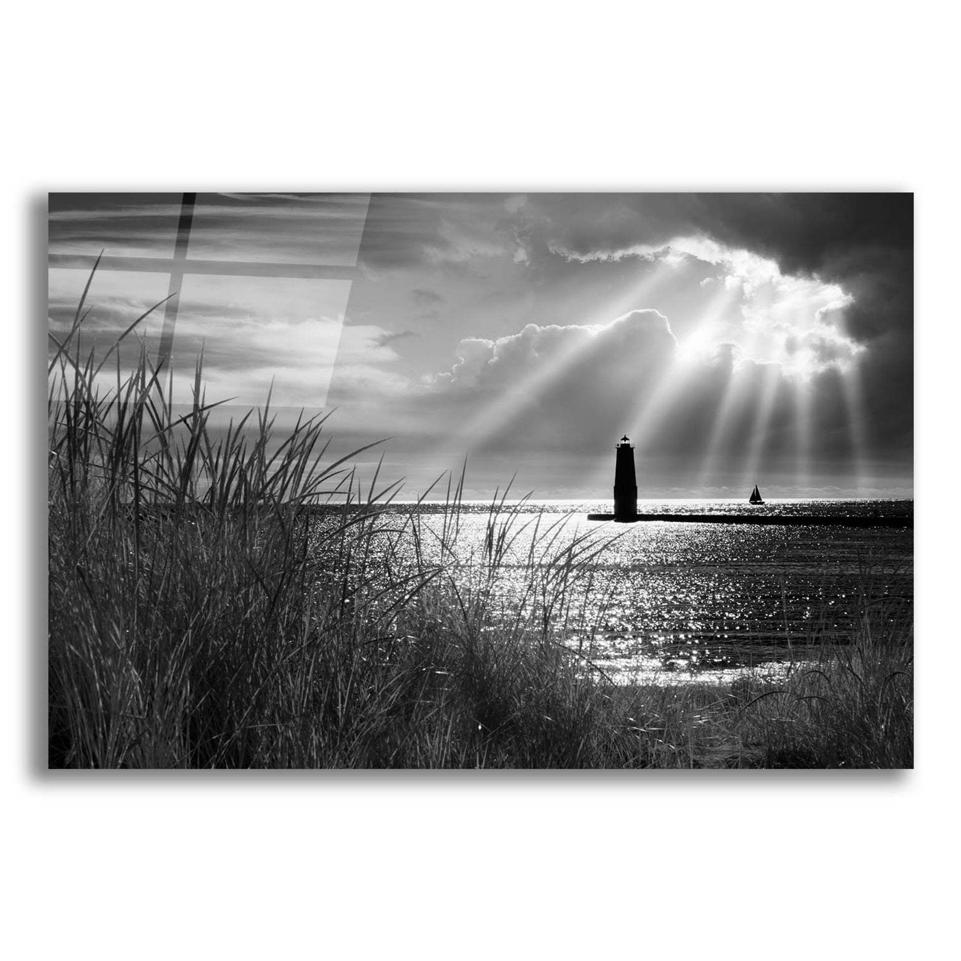 Epic Art 'Frankfort Lighthouse and Sunbeams' by Monte Nagler, Acrylic Glass Wall Art,16x12