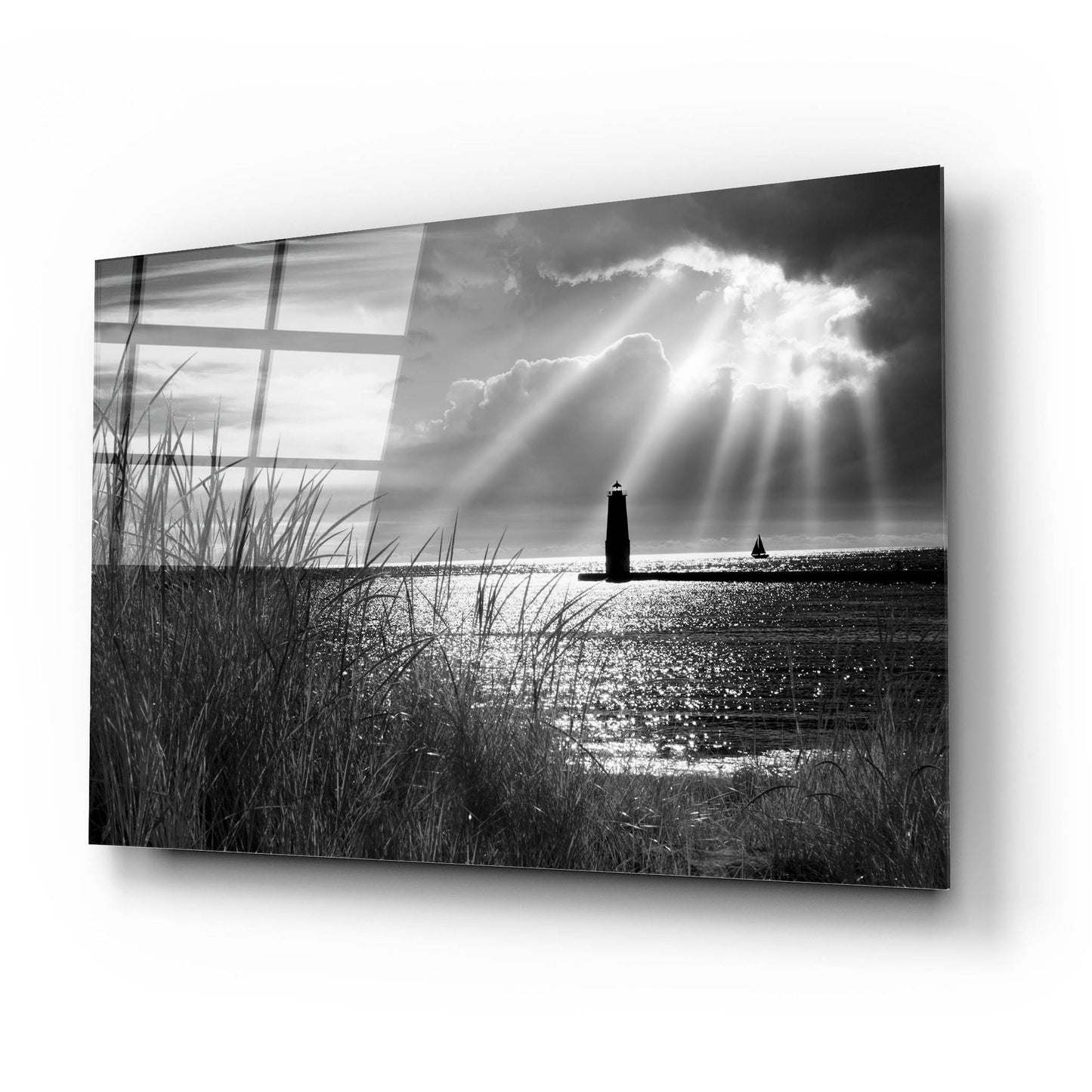 Epic Art 'Frankfort Lighthouse and Sunbeams' by Monte Nagler, Acrylic Glass Wall Art,24x16