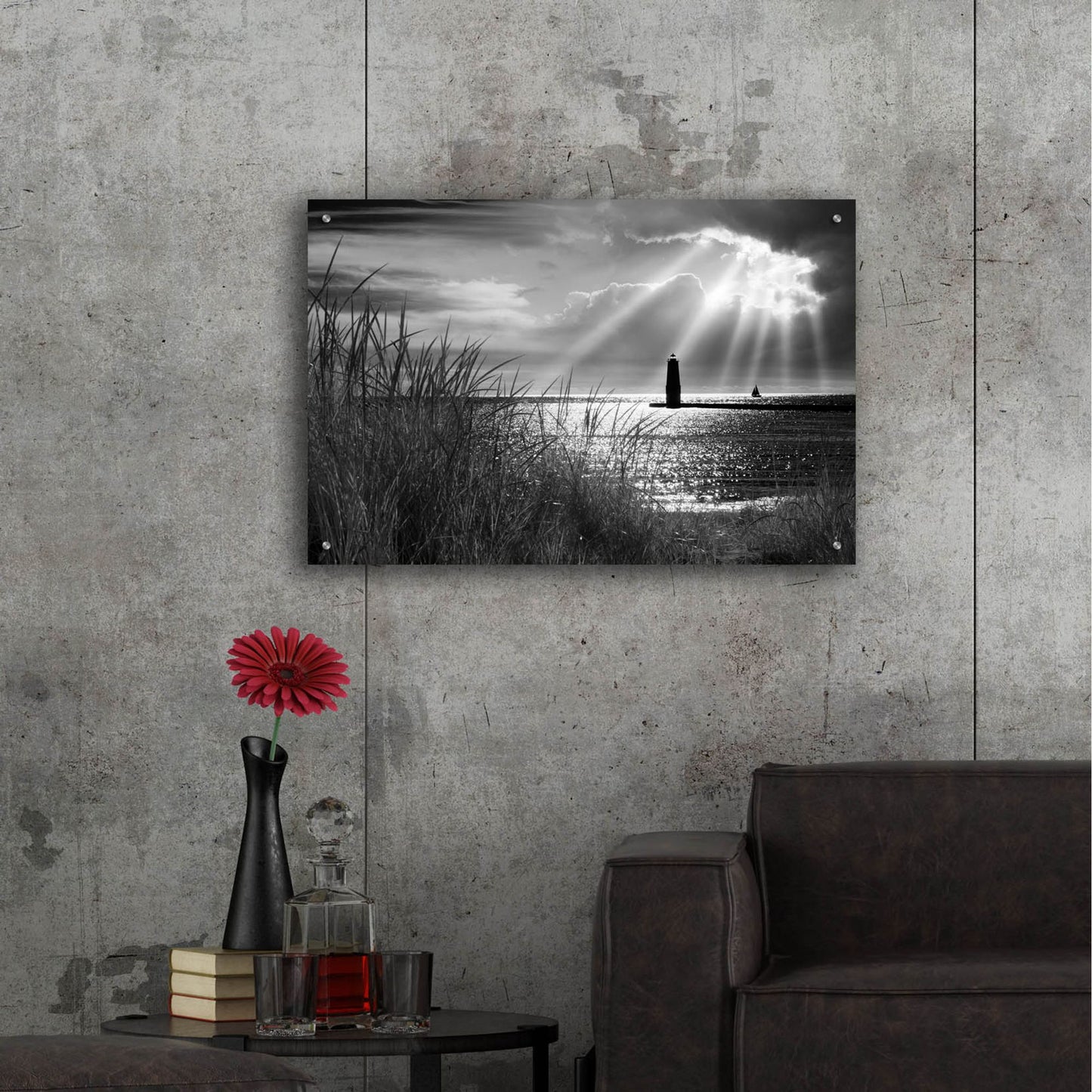 Epic Art 'Frankfort Lighthouse and Sunbeams' by Monte Nagler, Acrylic Glass Wall Art,36x24