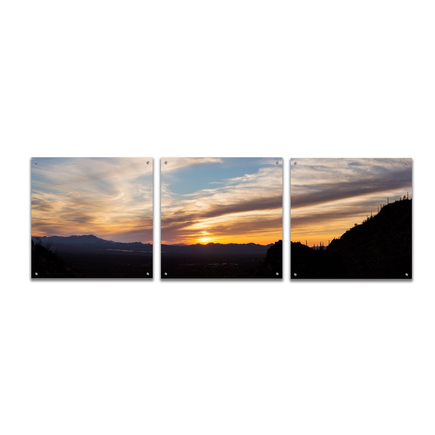 Epic Art 'Arizona Sunset Panorama' by Monte Nagler, Acrylic Glass Wall Art, 3 Piece Set