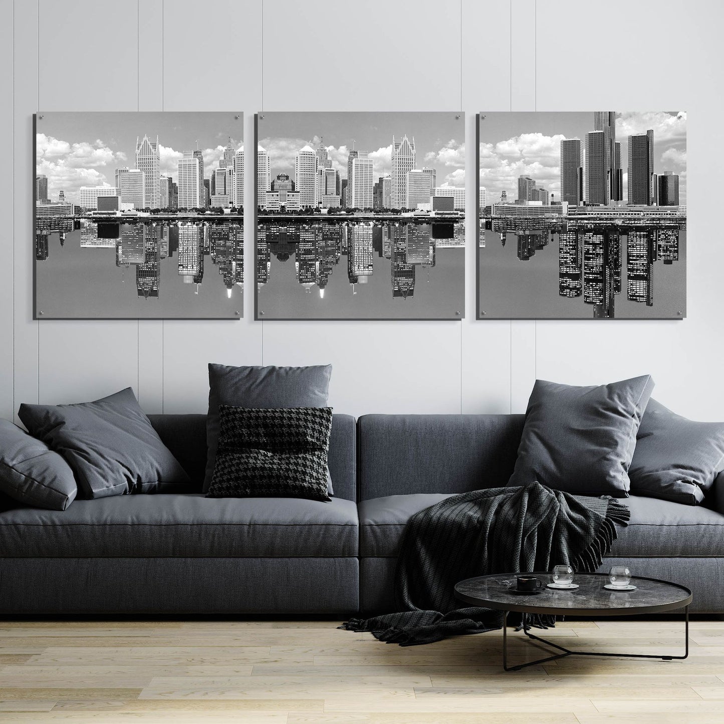 Epic Art 'Detroit Skyline Panorama 2, Michigan' by Monte Nagler, Acrylic Glass Wall Art, 3 Piece Set,108x36