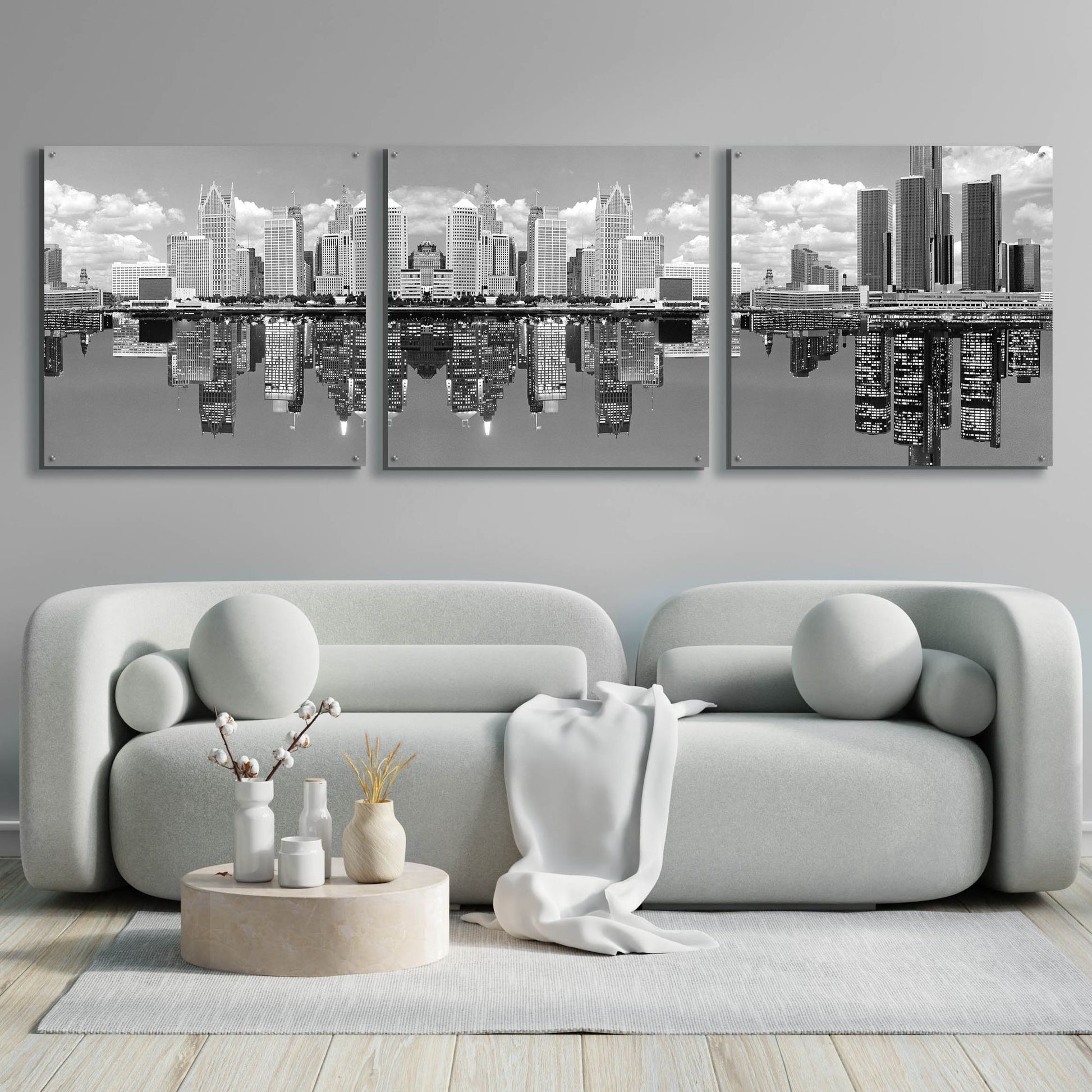 Epic Art 'Detroit Skyline Panorama 2, Michigan' by Monte Nagler, Acrylic Glass Wall Art, 3 Piece Set,108x36