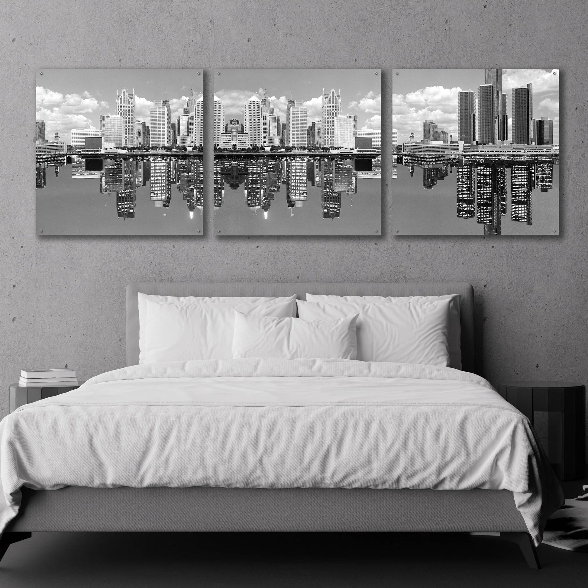 Epic Art 'Detroit Skyline Panorama 2, Michigan' by Monte Nagler, Acrylic Glass Wall Art, 3 Piece Set,108x36