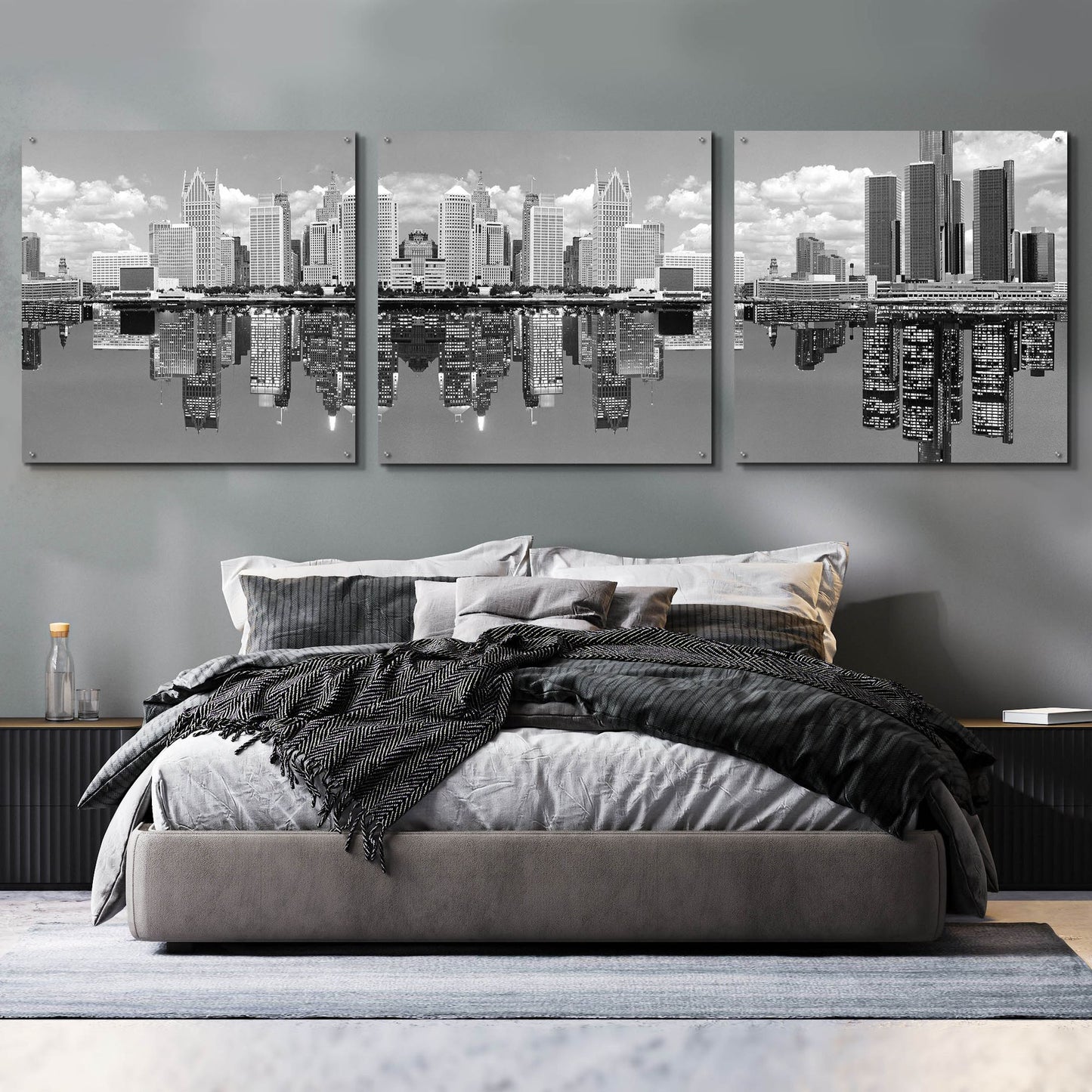 Epic Art 'Detroit Skyline Panorama 2, Michigan' by Monte Nagler, Acrylic Glass Wall Art, 3 Piece Set,108x36